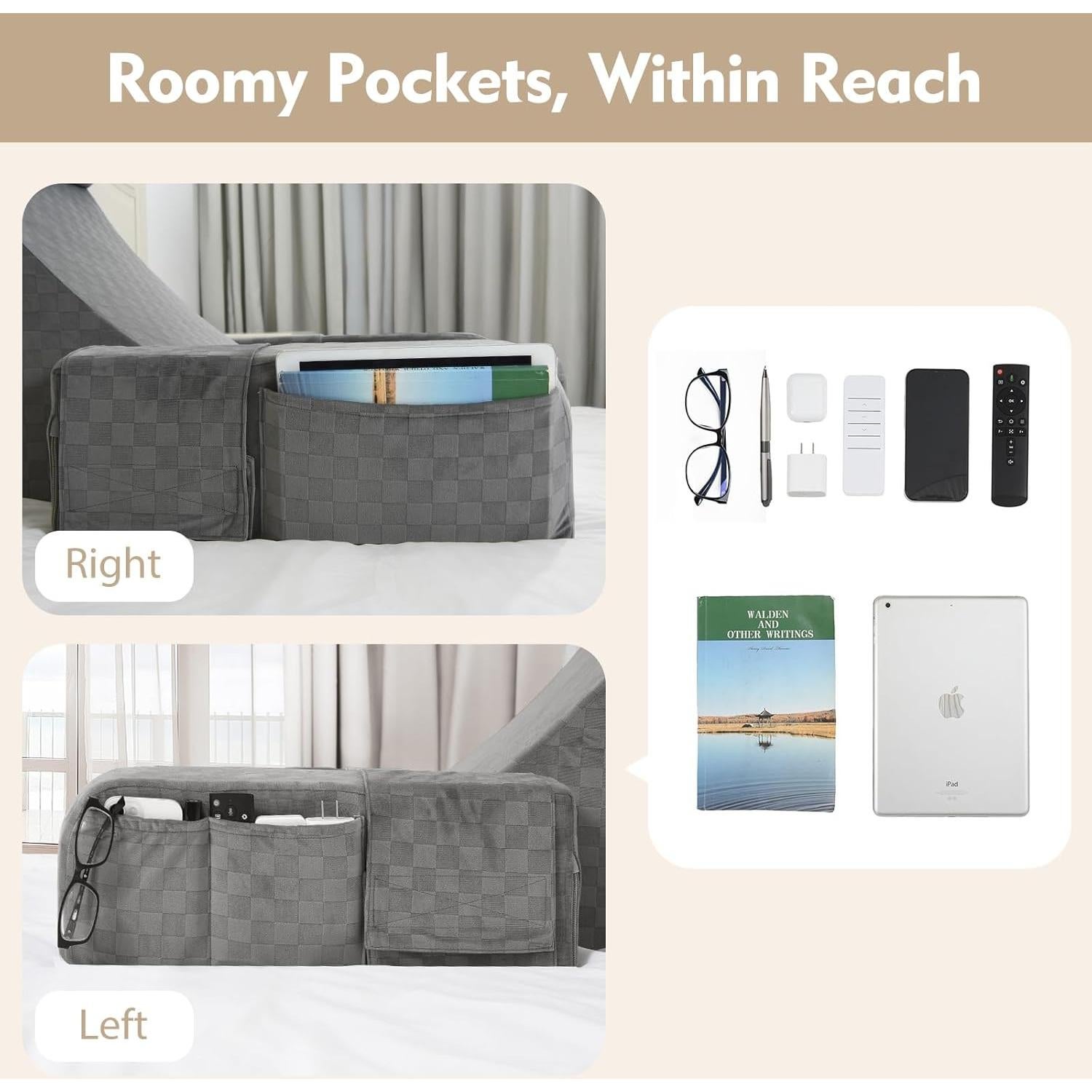 Almohada de Lectura Vekkia 53 cm con Brazos y Respaldo Alto - Soporte Ergonómico para Adultos, Espuma y Funda Desmontable