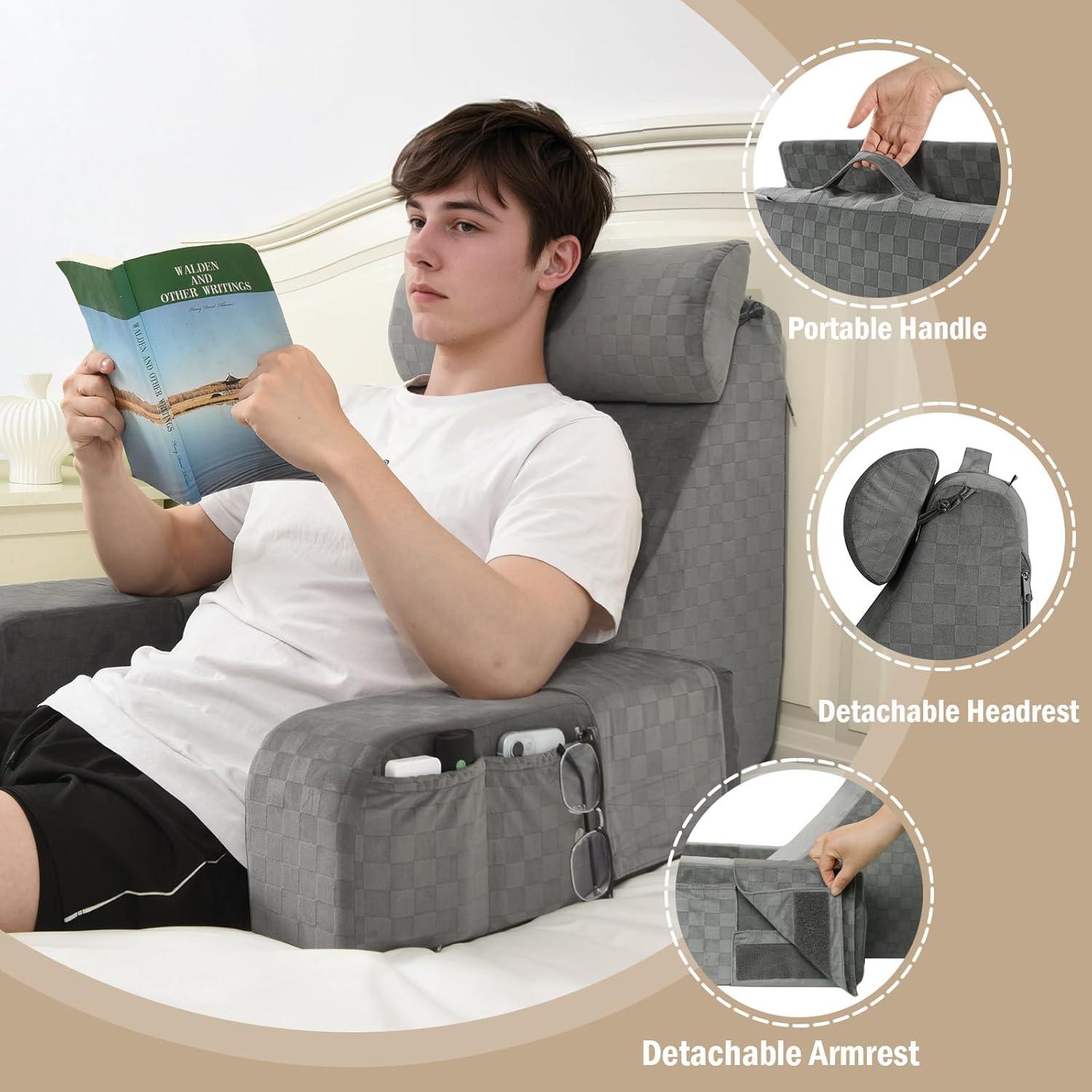 Almohada de Lectura Vekkia 53 cm con Brazos y Respaldo Alto - Soporte Ergonómico para Adultos, Espuma y Funda Desmontable