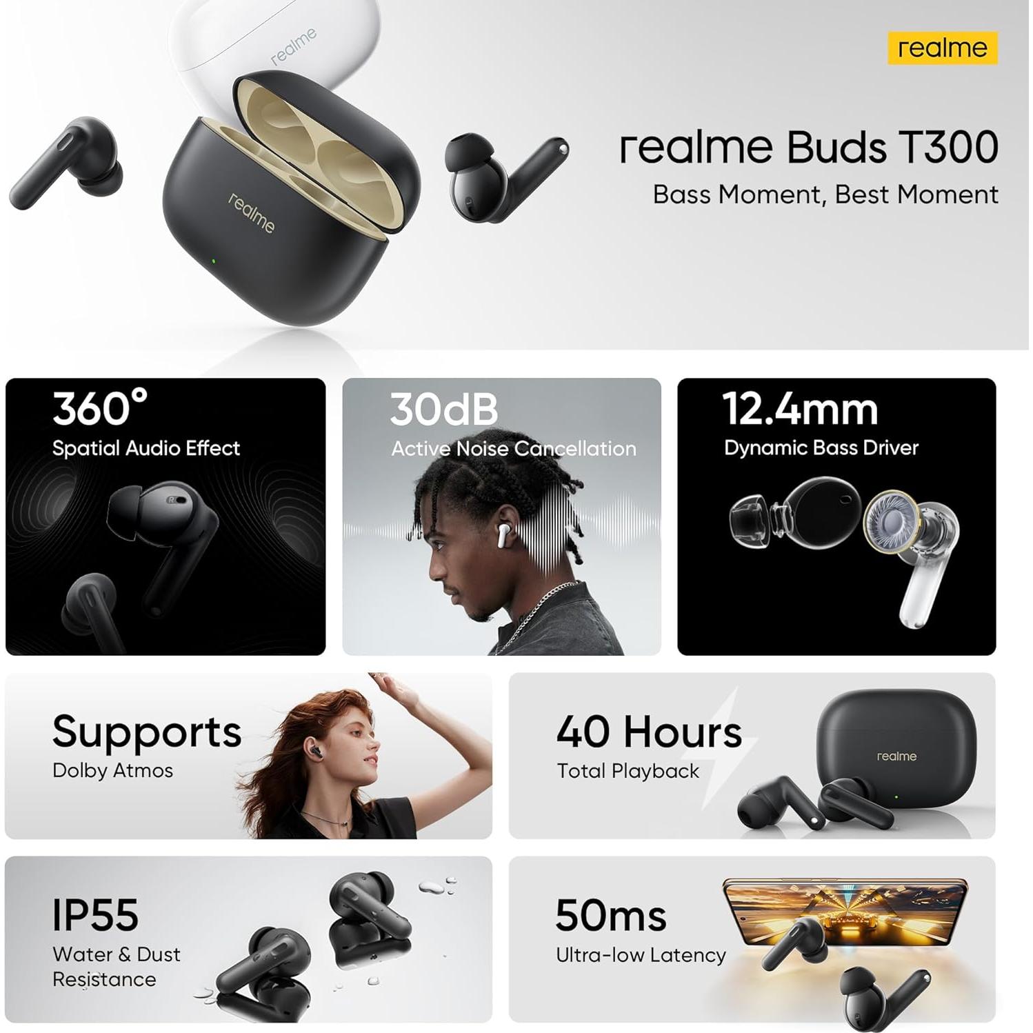 Auriculares Inalámbricos realme T300 con ANC 30dB, 40h Batería