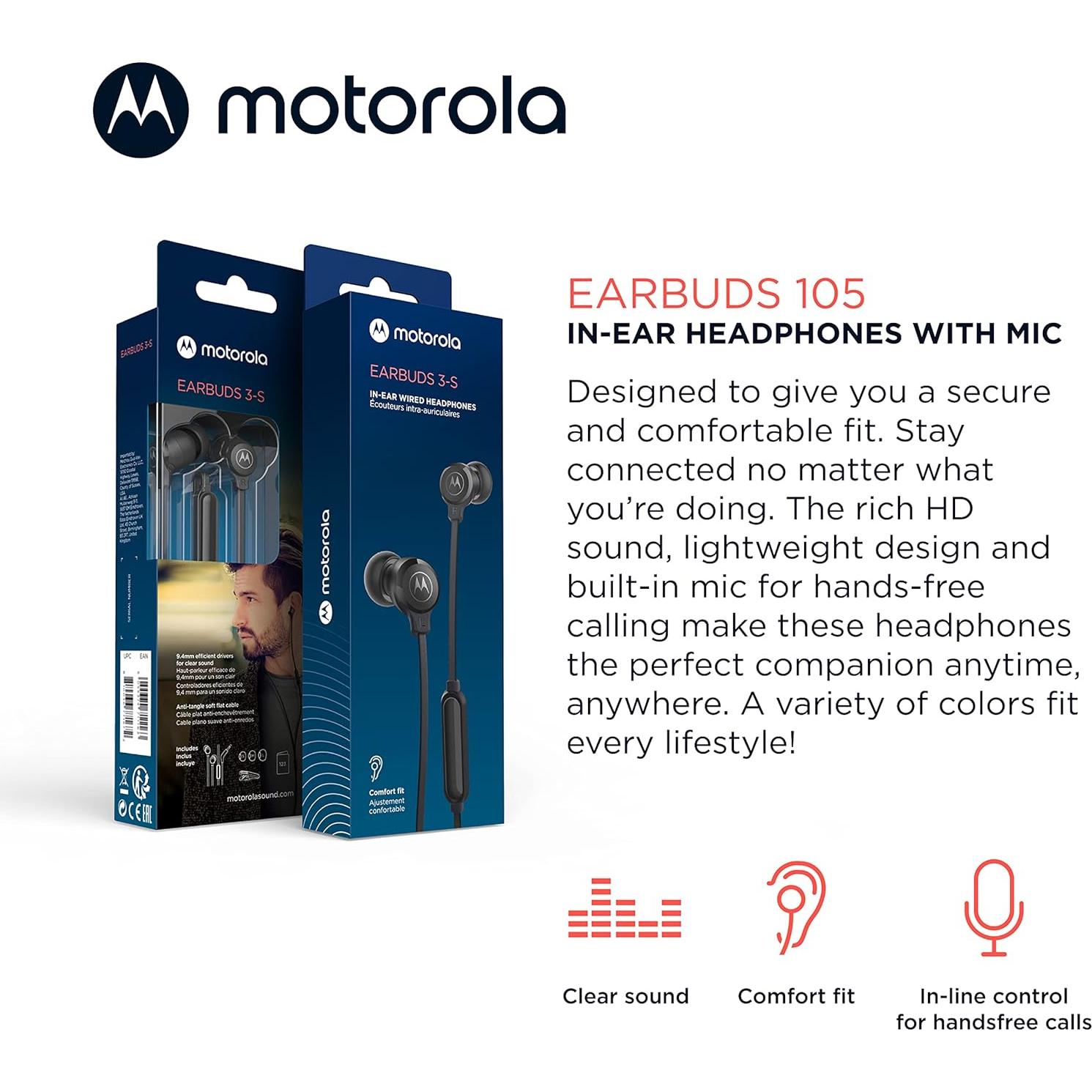 Auriculares Intrauditivos Motorola MOTO 105 con Micrófono - Aislamiento de Ruido, 10mm, Cable 3.5mm
