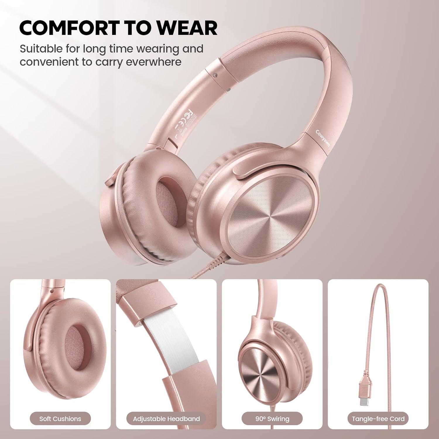 Auriculares USB C Cowyawn Rosa con Micrófono y Sonido HD