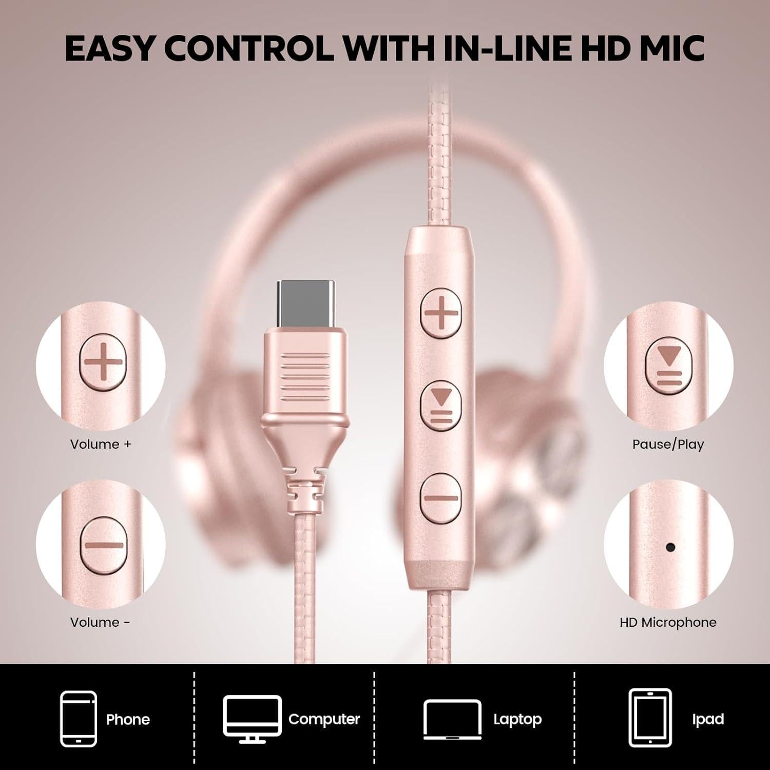 Auriculares USB C Cowyawn Rosa con Micrófono y Sonido HD