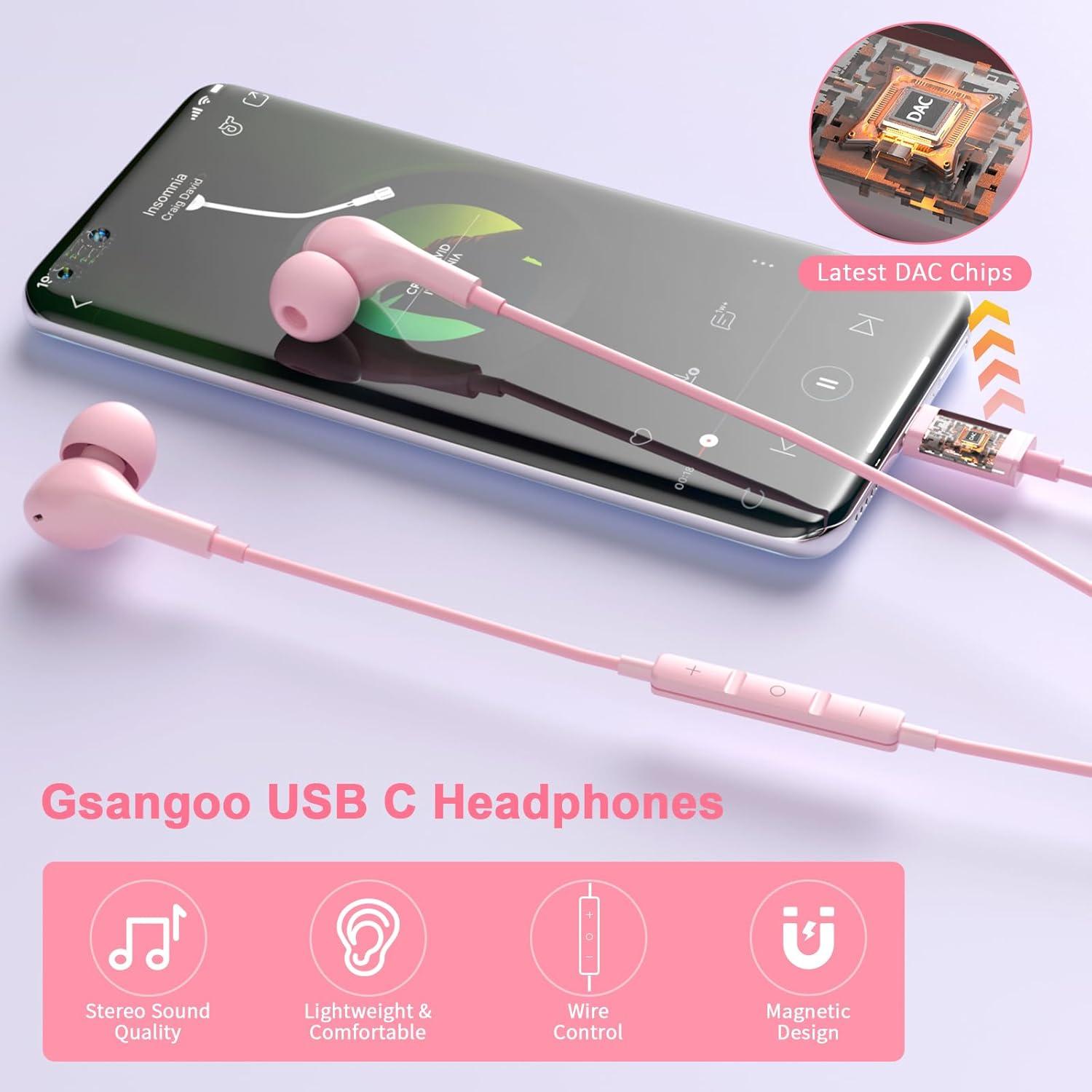 Auriculares USB C Gsangoo Rosa con Micrófono y Control de Volumen
