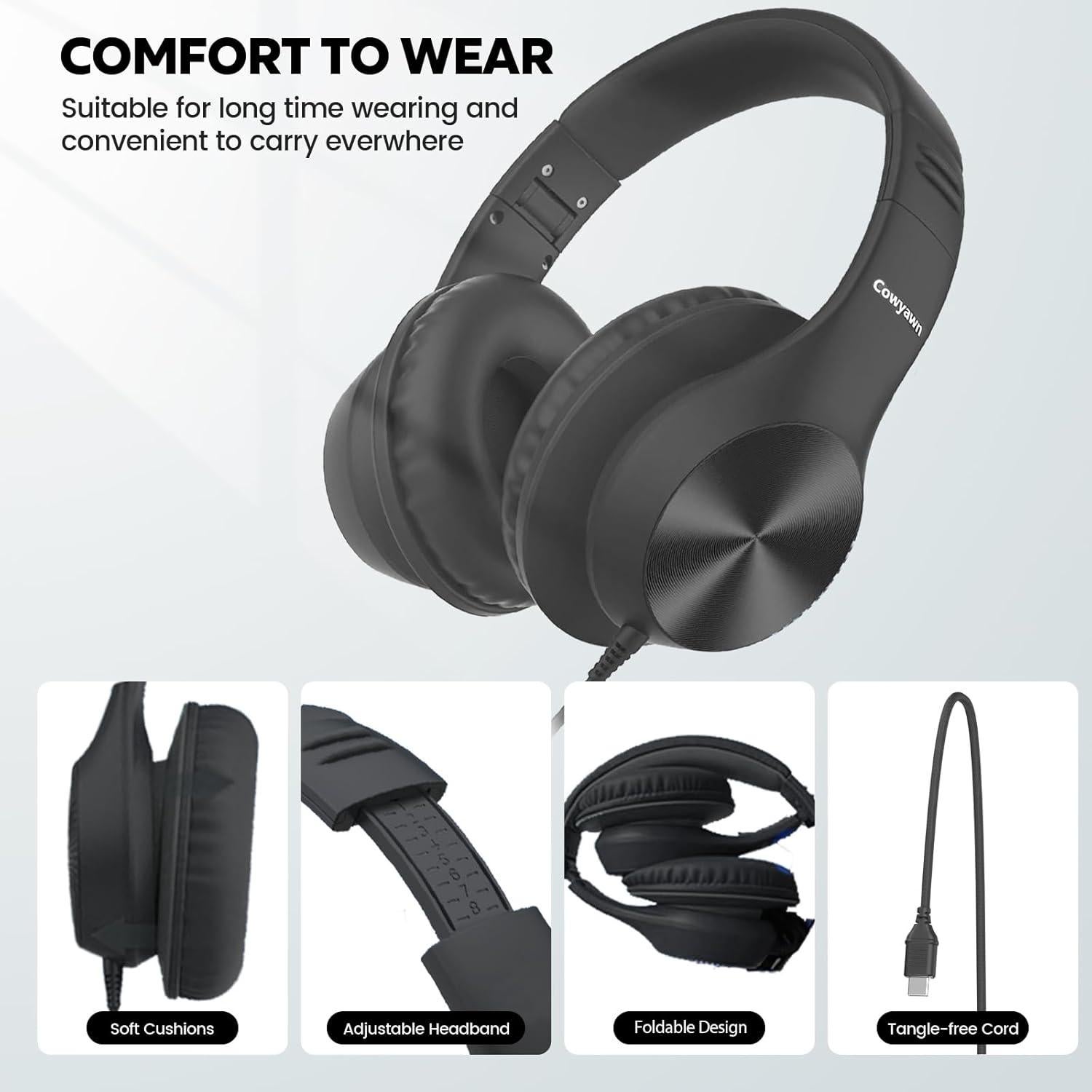 Auriculares USB C Cowyawn con micrófono, sonido estéreo HD, plegables