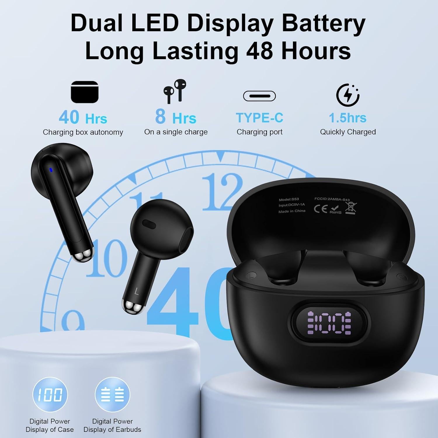 Auriculares Inalámbricos Bluetooth S53 con Estuche Carga LED IPX7