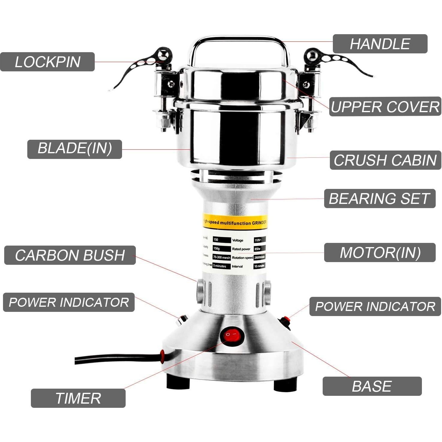 Molinillo Eléctrico de Granos DasMarine 150g 850W Acero Inoxidable