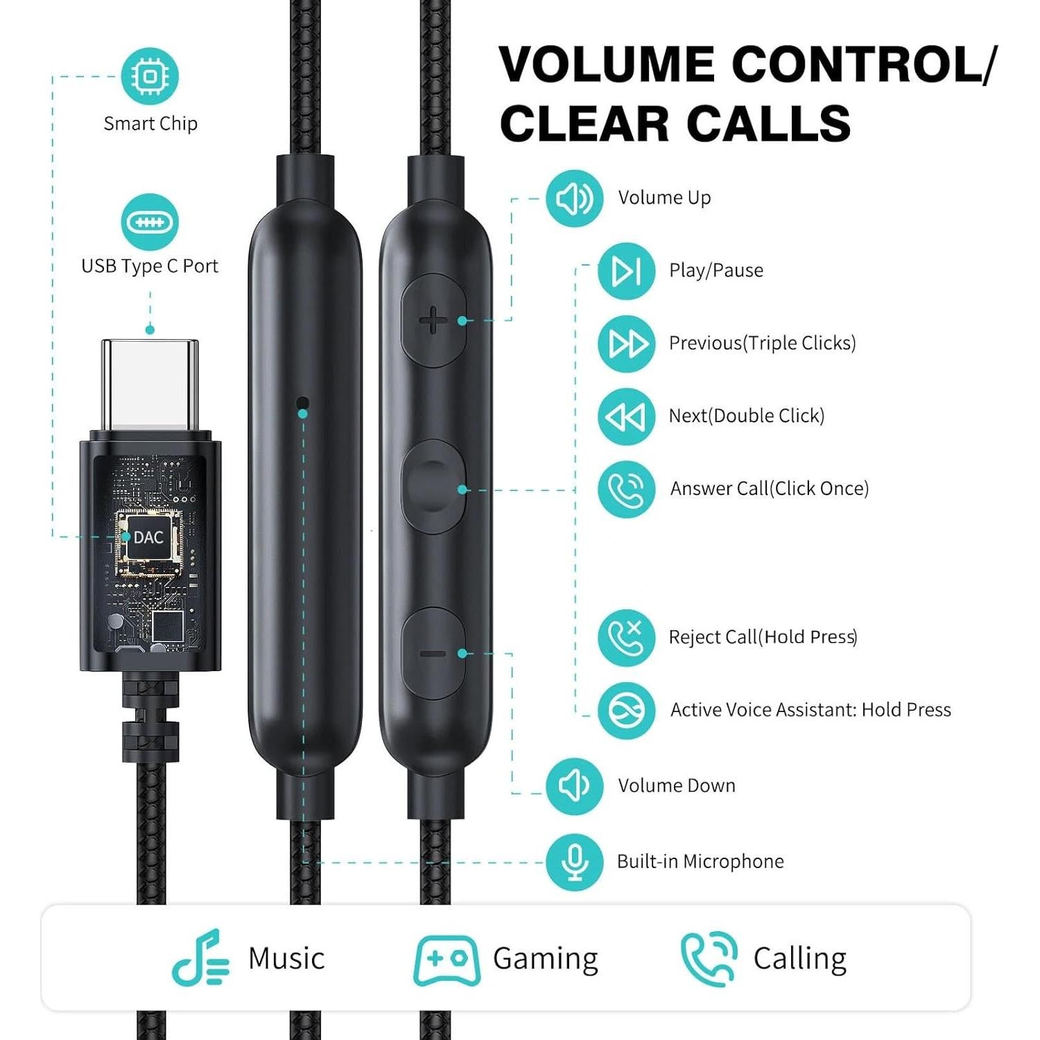 Auriculares USB C HGCXING con gancho deportivo y micrófono
