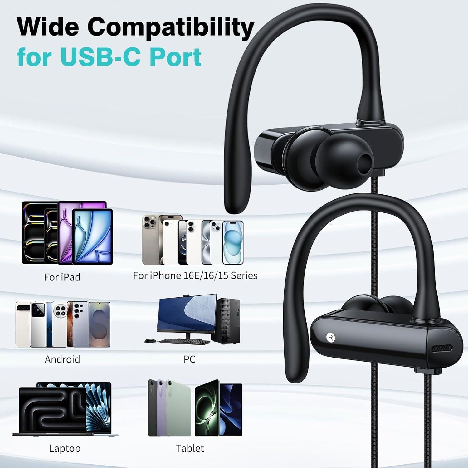 Auriculares USB C HGCXING con gancho deportivo y micrófono