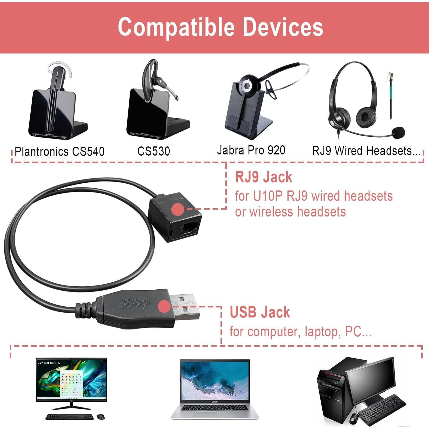 Adaptador USB a RJ9 Weatwo para Auriculares Plantronics Jabra