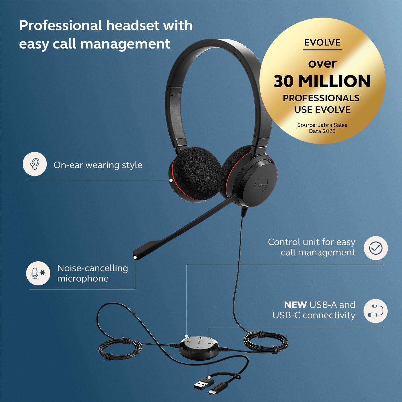 Auricular Jabra Evolve 20 con Cable USB-C/A - Edición 2025 - Negro