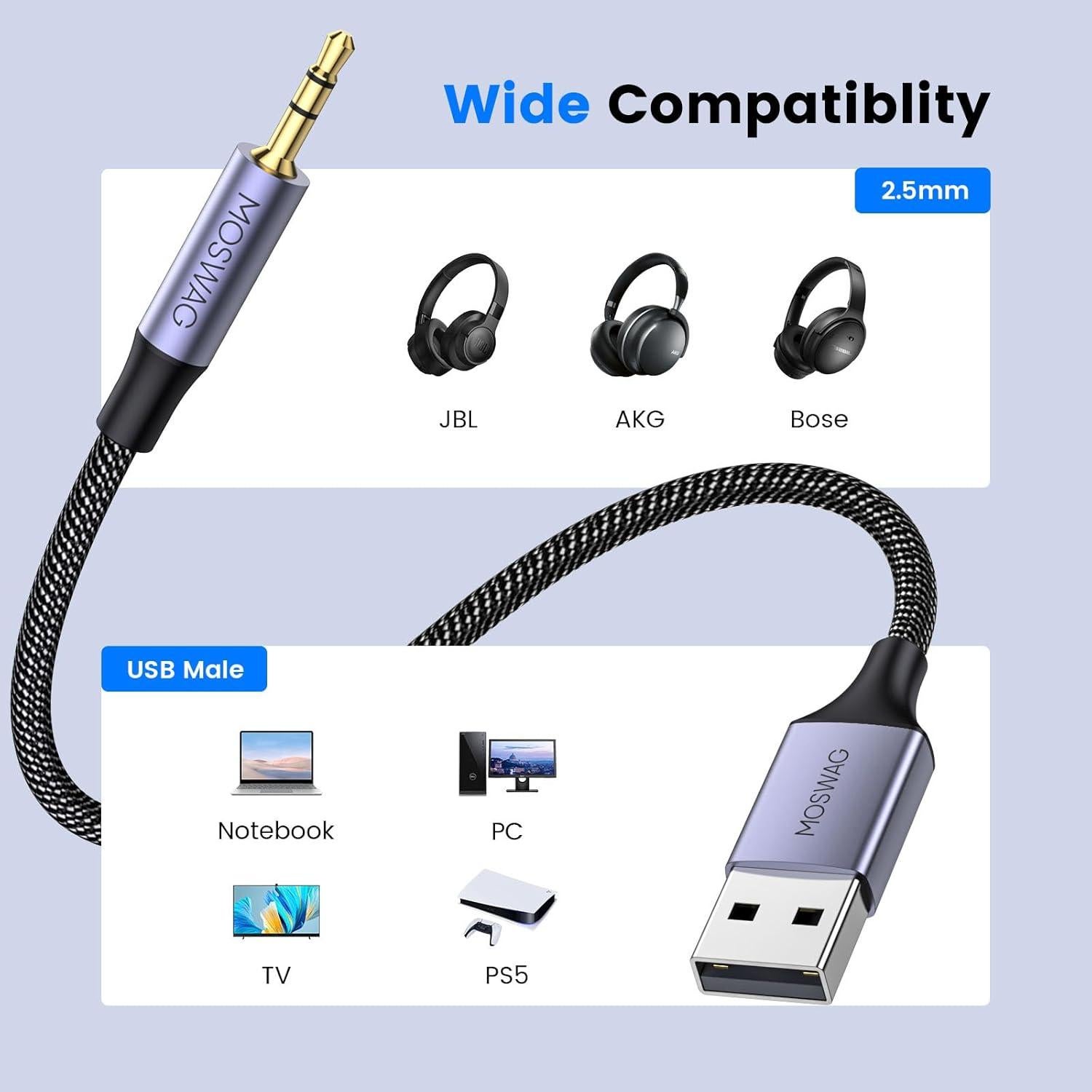 Cable USB a 2.5mm MOSWAG 1.83m Hi-Fi para Auriculares