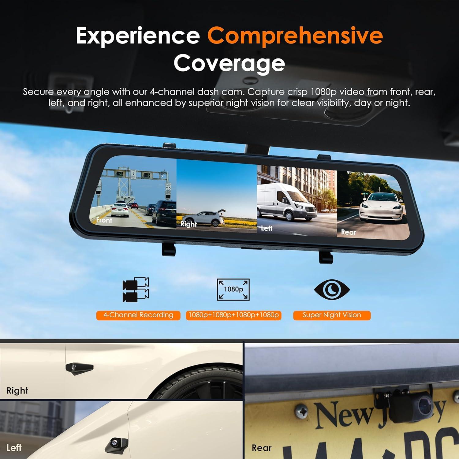 Cámara de tablero Uzivo U24 Mirror 4 canales 12" 1080p