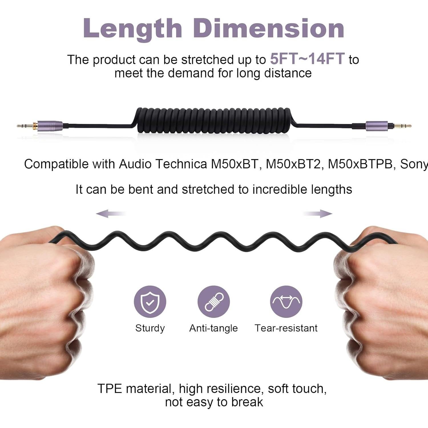Replacement ATH-M50xBT Coiled Aux Cord Compatible with Audio Technica ATH-M50xBT2, ATH-SR50BT, ATH-ANC9, ATH-ANC7B, ATH-SR5BTBK Sony WH-1000XM5, MDR-950BT Headphones Audio Cable with 6.35mm Adapter