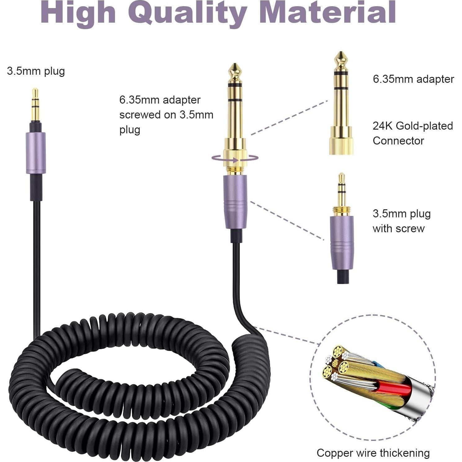 Replacement ATH-M50xBT Coiled Aux Cord Compatible with Audio Technica ATH-M50xBT2, ATH-SR50BT, ATH-ANC9, ATH-ANC7B, ATH-SR5BTBK Sony WH-1000XM5, MDR-950BT Headphones Audio Cable with 6.35mm Adapter