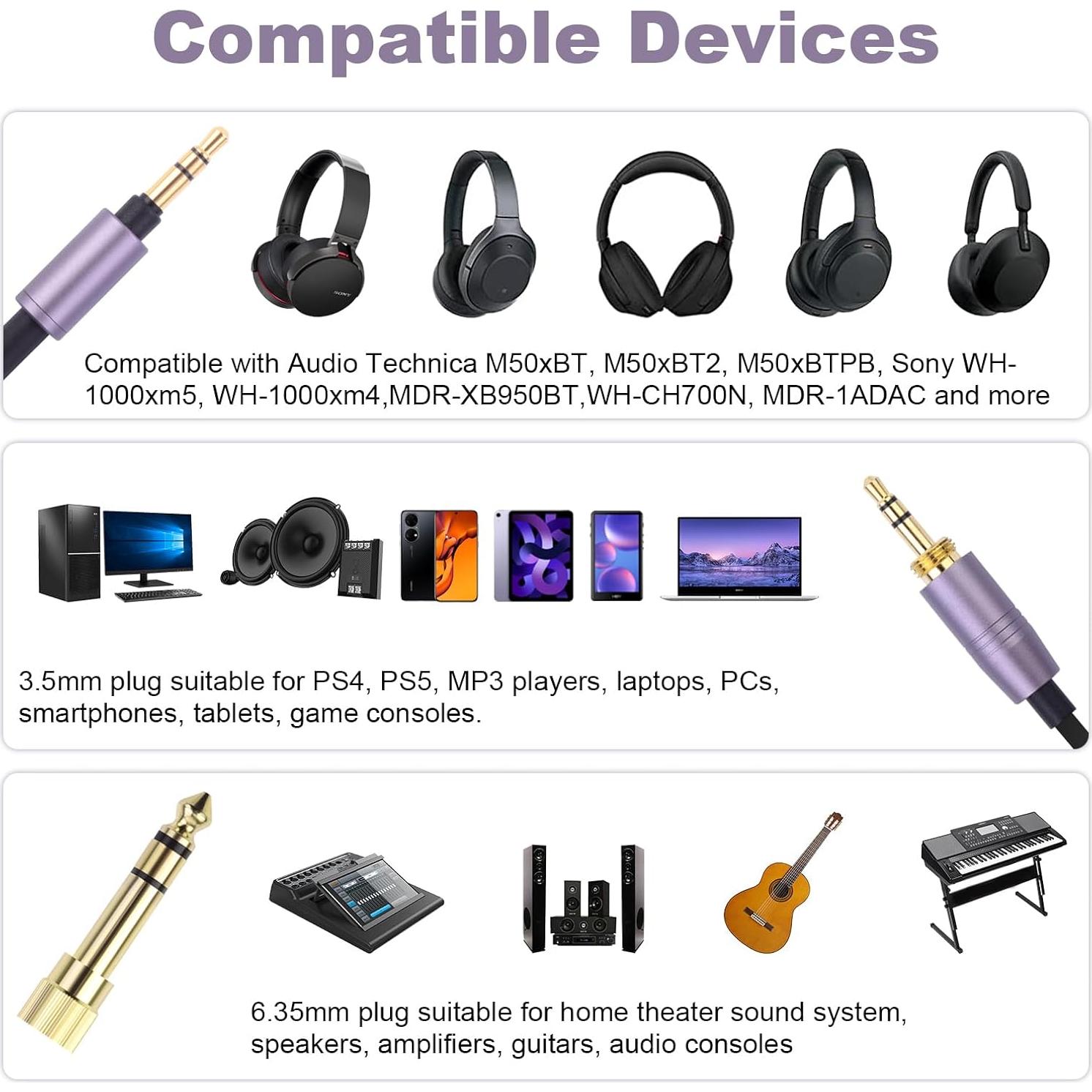 Replacement ATH-M50xBT Coiled Aux Cord Compatible with Audio Technica ATH-M50xBT2, ATH-SR50BT, ATH-ANC9, ATH-ANC7B, ATH-SR5BTBK Sony WH-1000XM5, MDR-950BT Headphones Audio Cable with 6.35mm Adapter