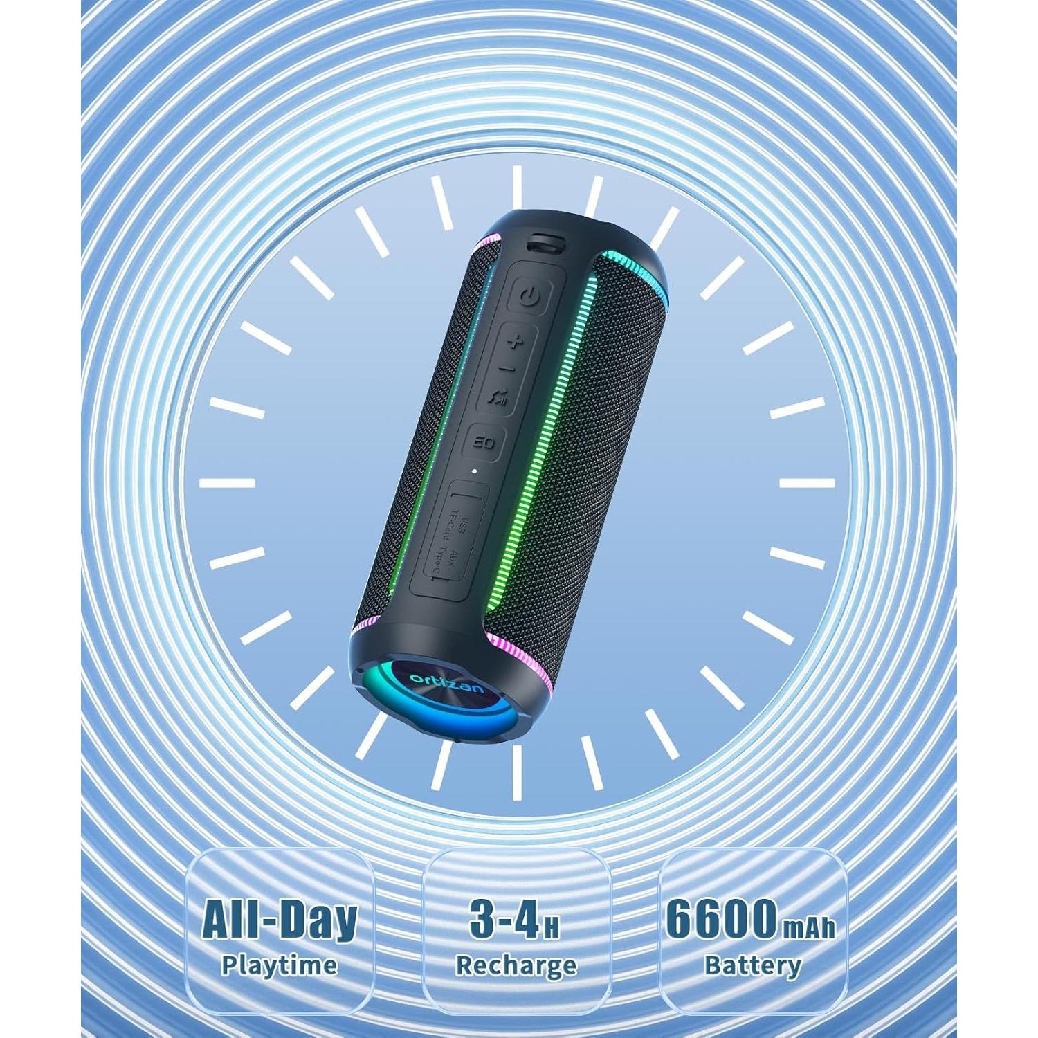 Ortizan Portable Bluetooth Speaker, 40W Loud Sound and Deep Bass, IPX7 Waterproof, True Wireless Stereo, Bluetooth 5.3, Colorful Flashing Lights, Preset EQ, USB Play, for Home, Outdoor, Party, Black