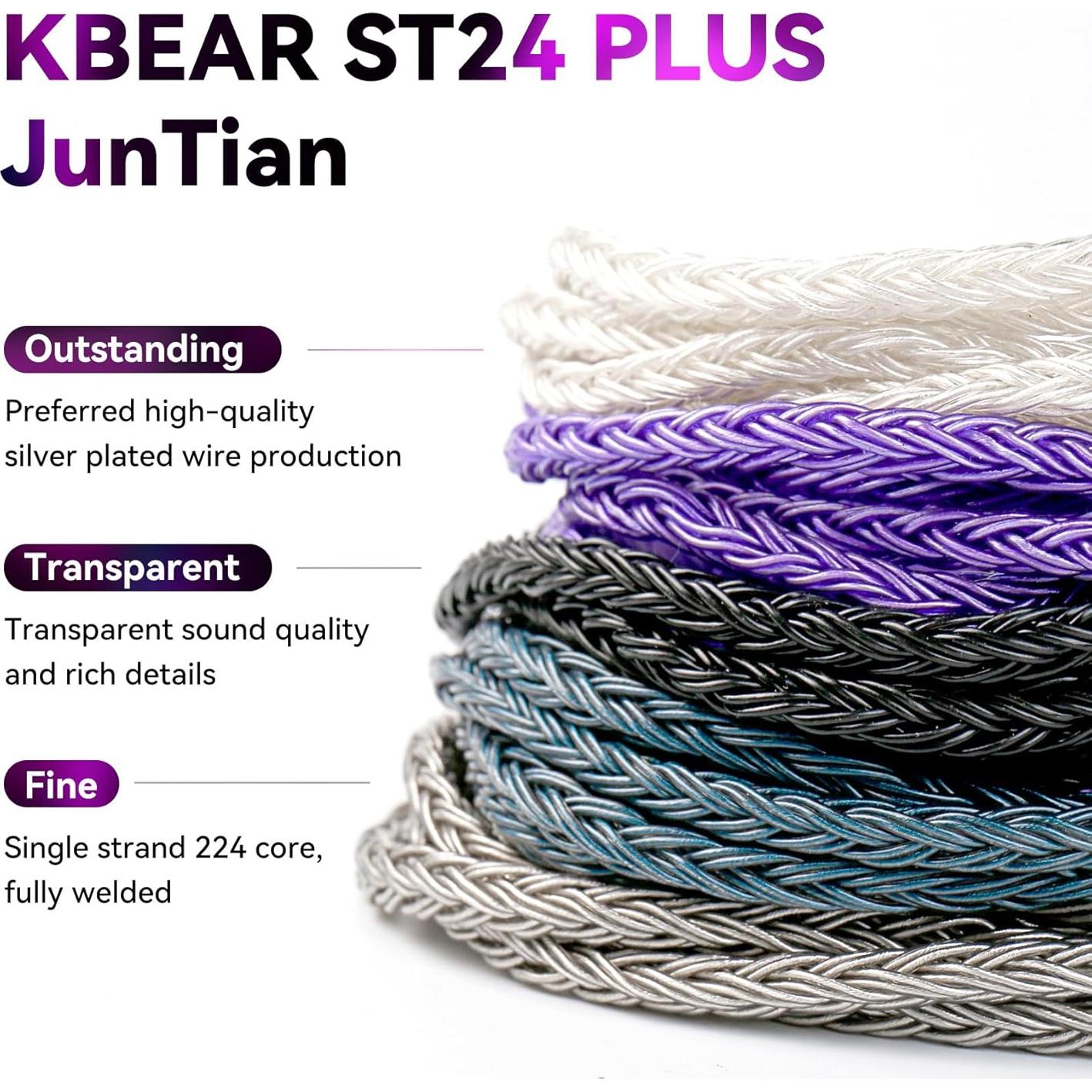Cable IEM KBEAR ST24 Plus 2M MMCX 3.5mm Plata Hi-Fi