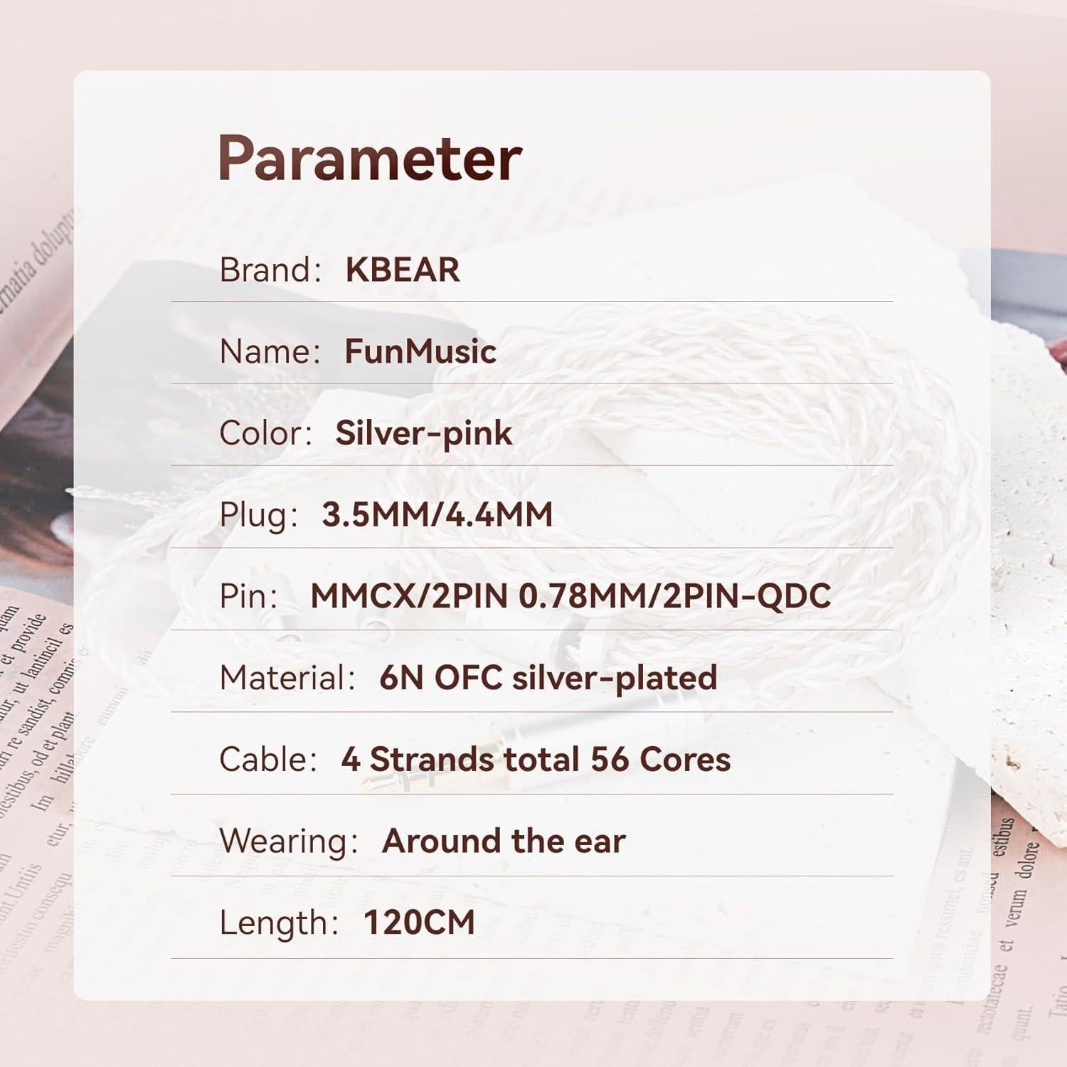 Cable MMCX 3.5mm KBEAR FunMusic 1.22m Cobre OFC Baño Plata