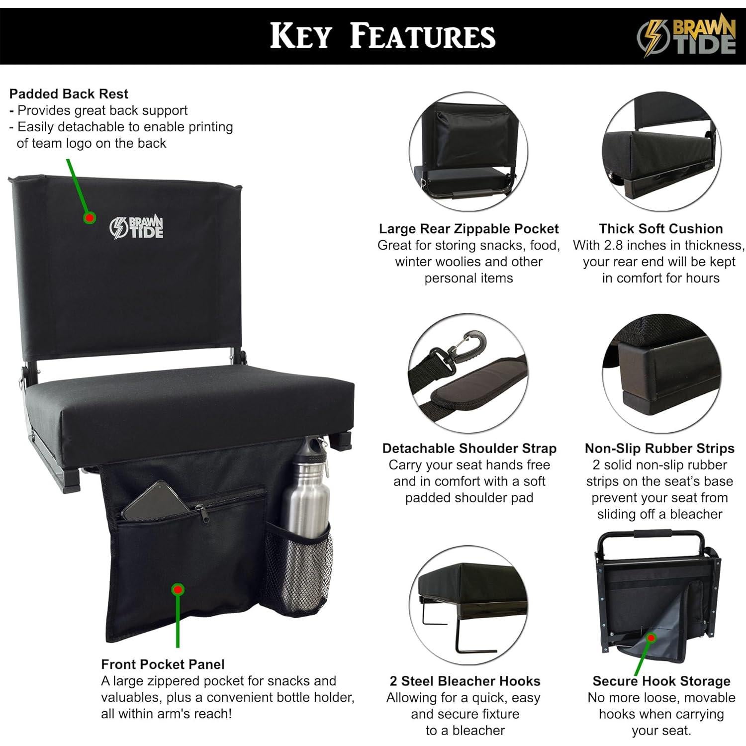 Asiento de Estadio BRAWNTIDE - Cojín Extra Grueso, Soporte Espalda