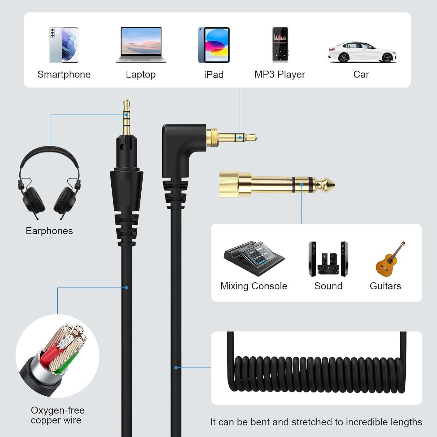 Cable de Auriculares DJ Lusgawer 2.5mm a 3.5mm con Adaptador
