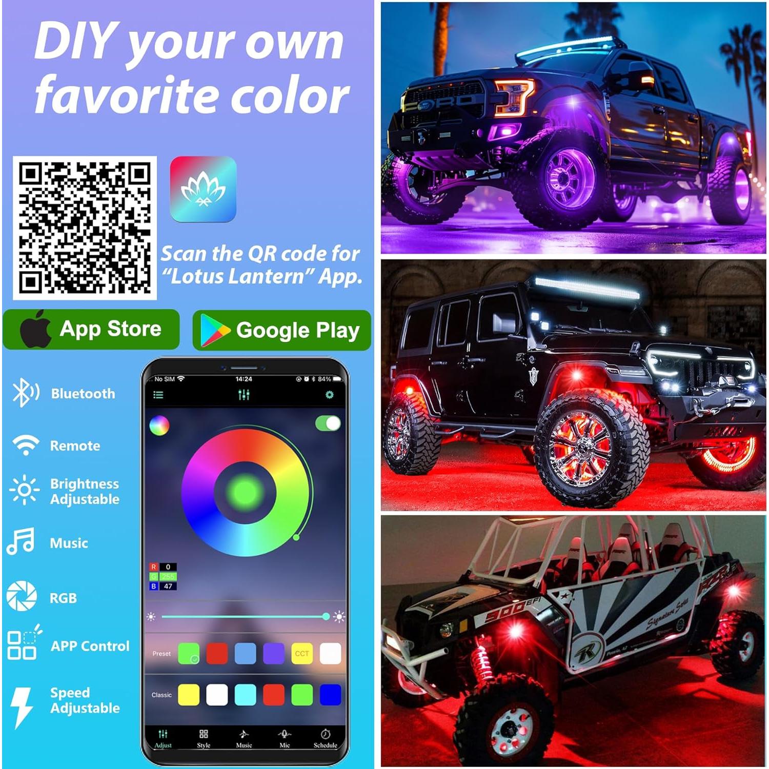 Kit de Luces LED RGB Rock Fimker 4 Pods 12V Multicolor