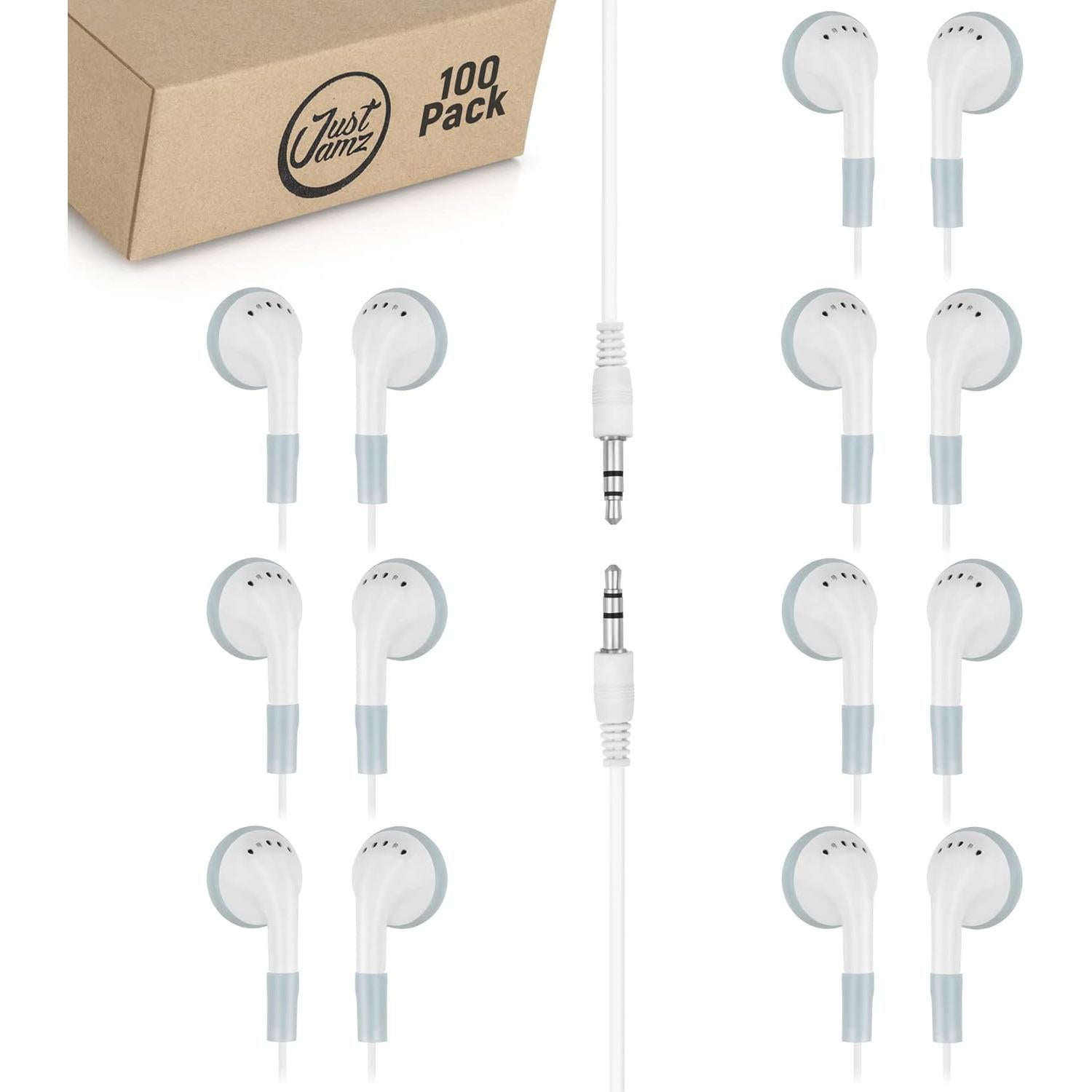 Auriculares JustJamz Blancos Básicos 100 Paquete 3.5mm