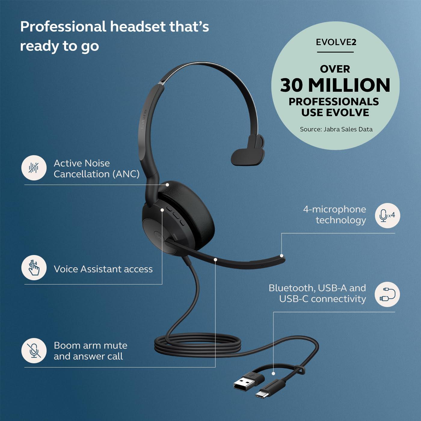 Auricular Jabra Evolve2 50 con Cable y Cancelación de Ruido