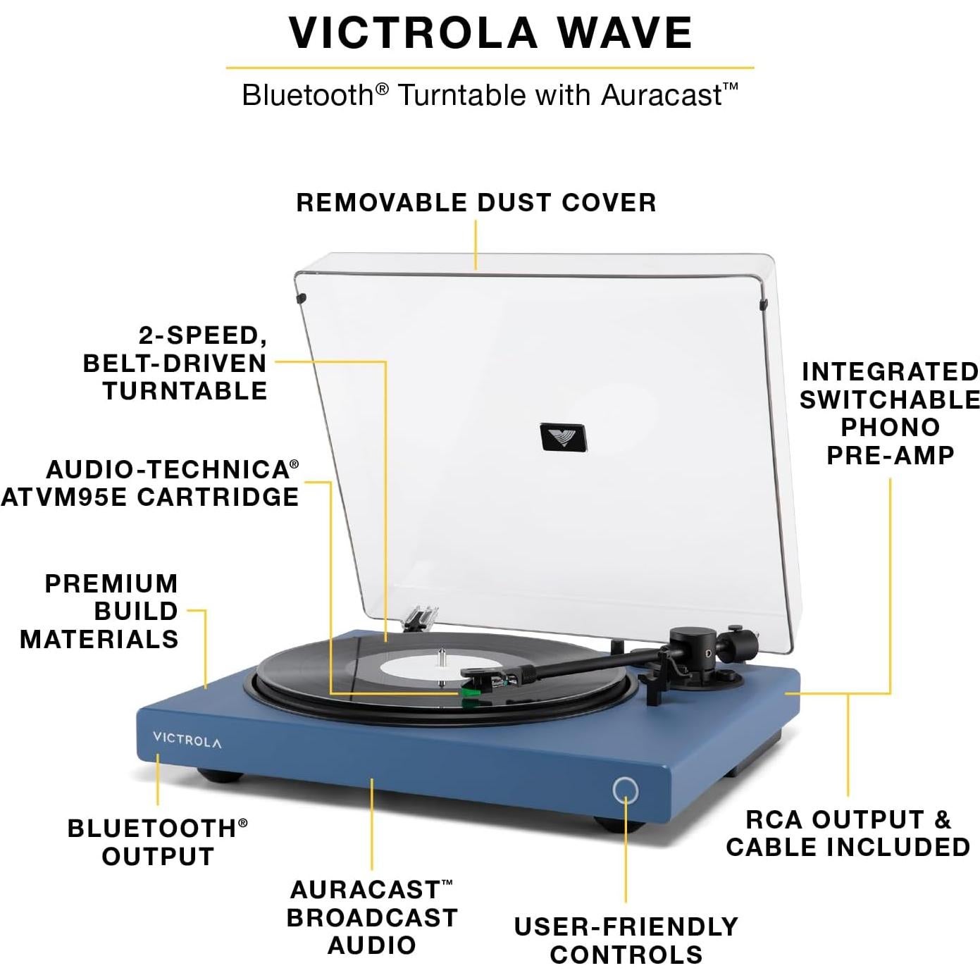 Tocadiscos Bluetooth Victrola Wave Negro - Audio Hi-Res, Cartucho AT-VM95E