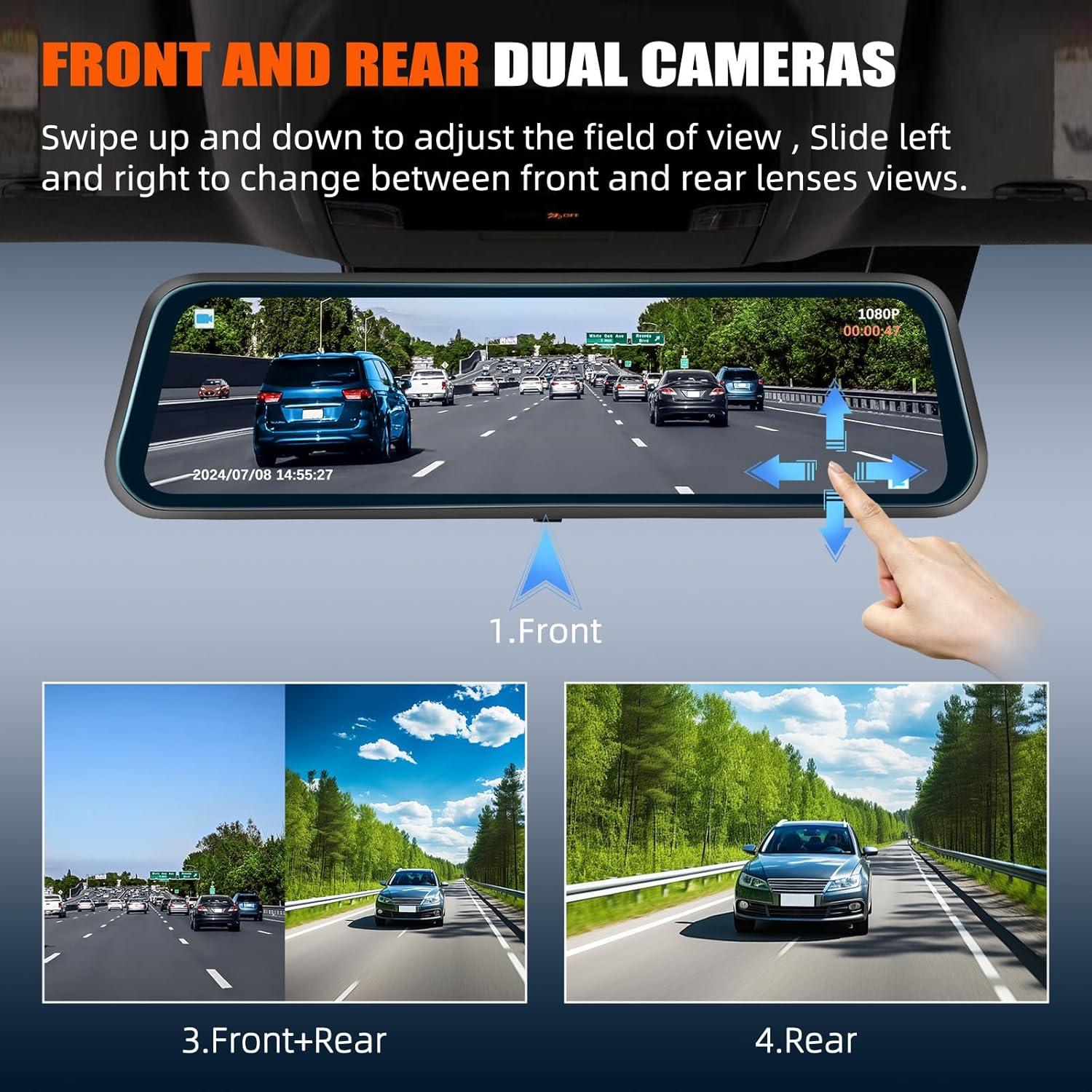 Espejo Retrovisor con Cámara Dual 1080P AMprime 24.5cm