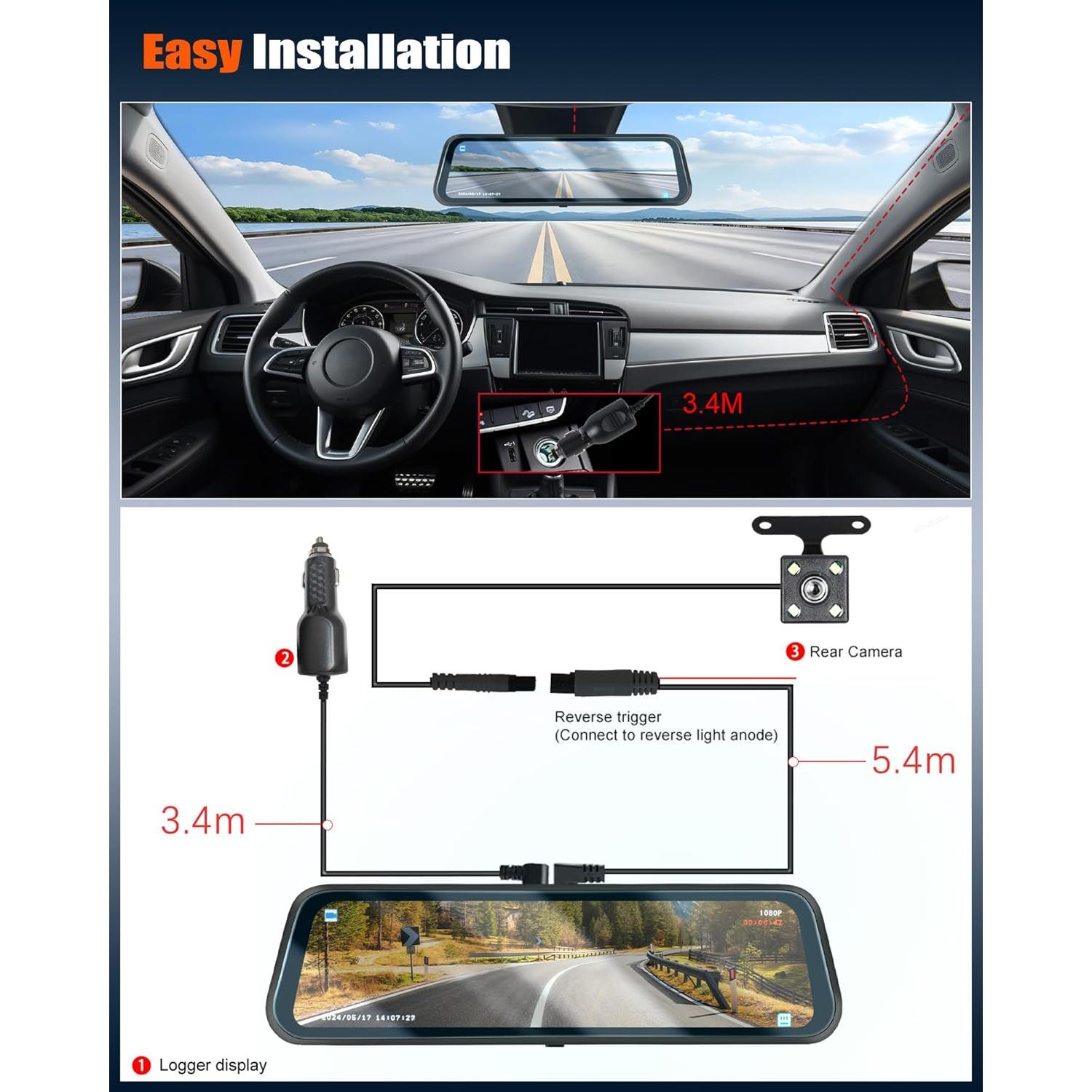 Espejo Retrovisor con Cámara Dual 1080P AMprime 24.5cm