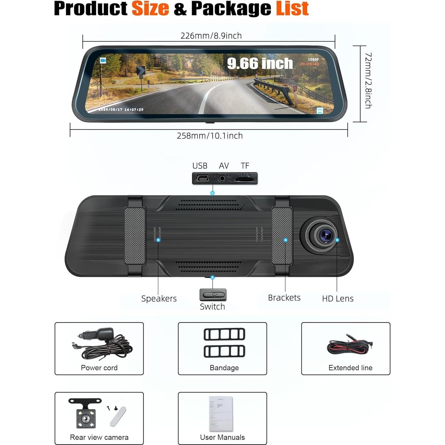 Espejo Retrovisor con Cámara Dual 1080P AMprime 24.5cm