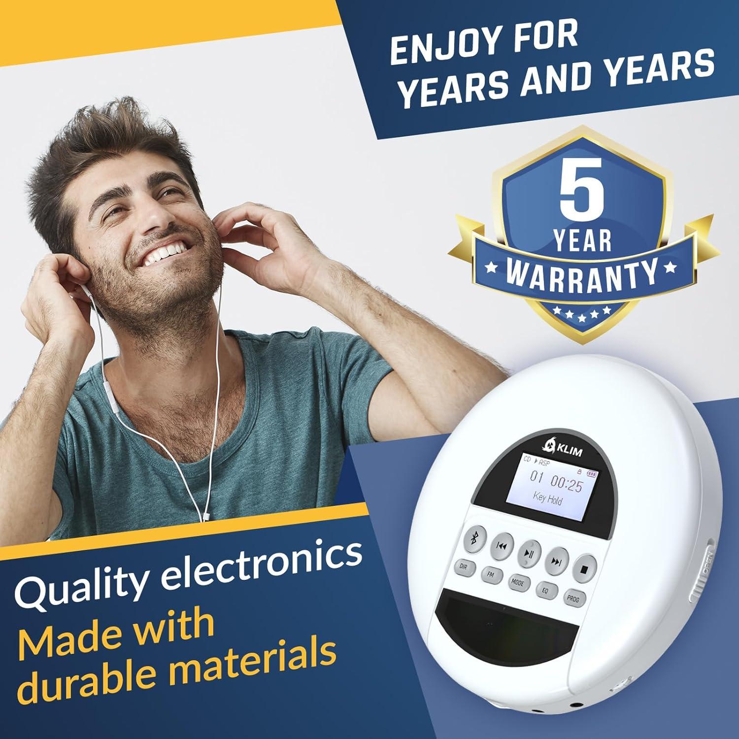 Reproductor de CD Portátil KLIM Nomad Blanco con Bluetooth y Auriculares