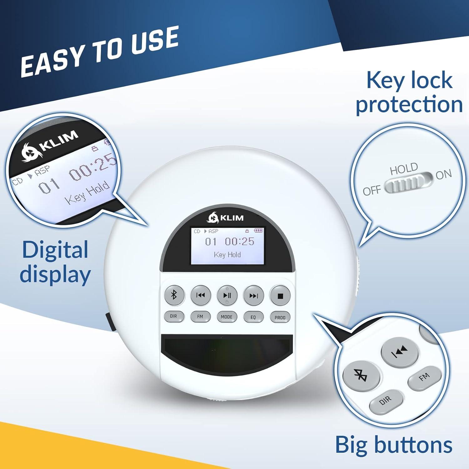 Reproductor de CD Portátil KLIM Nomad Blanco con Bluetooth y Auriculares