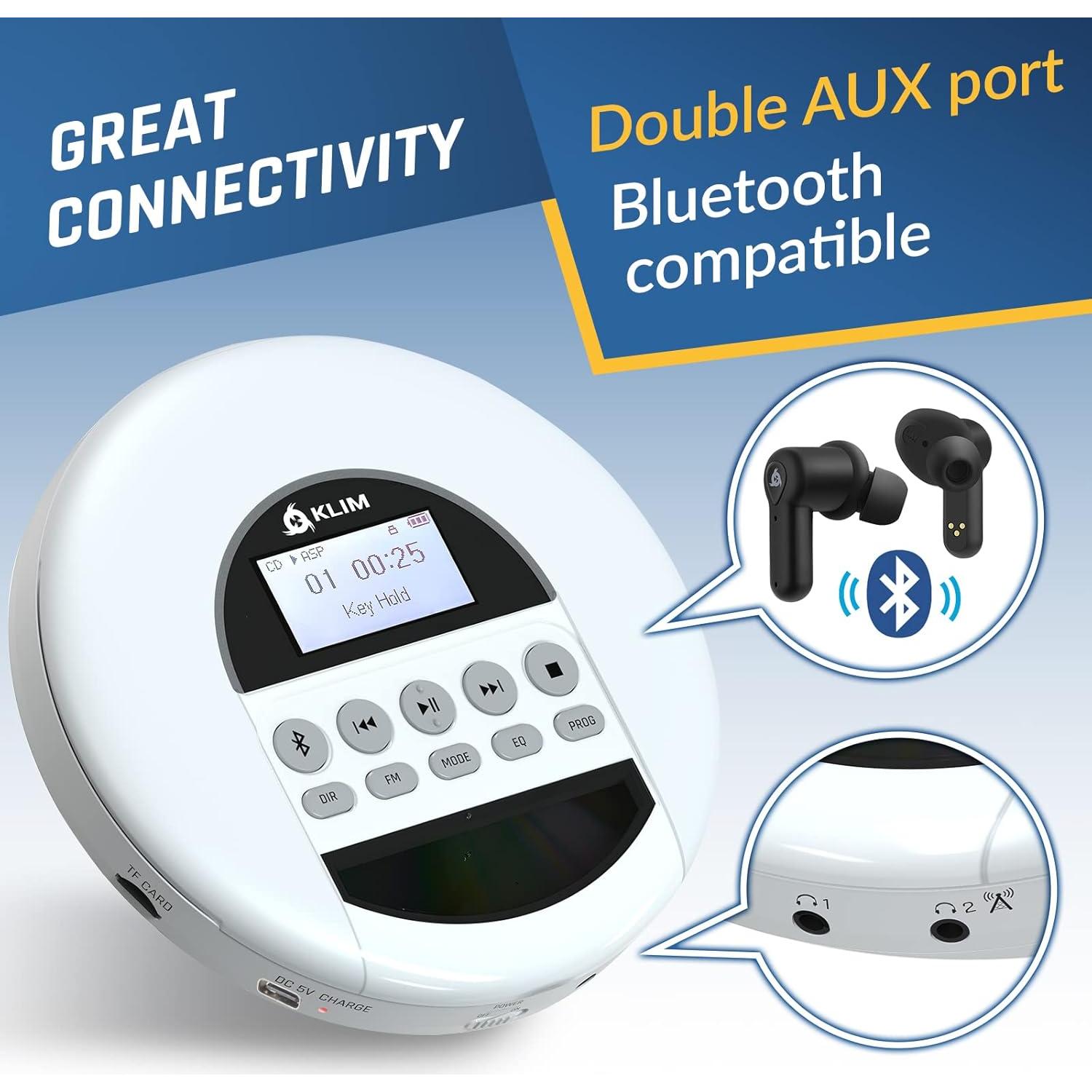 Reproductor de CD Portátil KLIM Nomad Blanco con Bluetooth y Auriculares