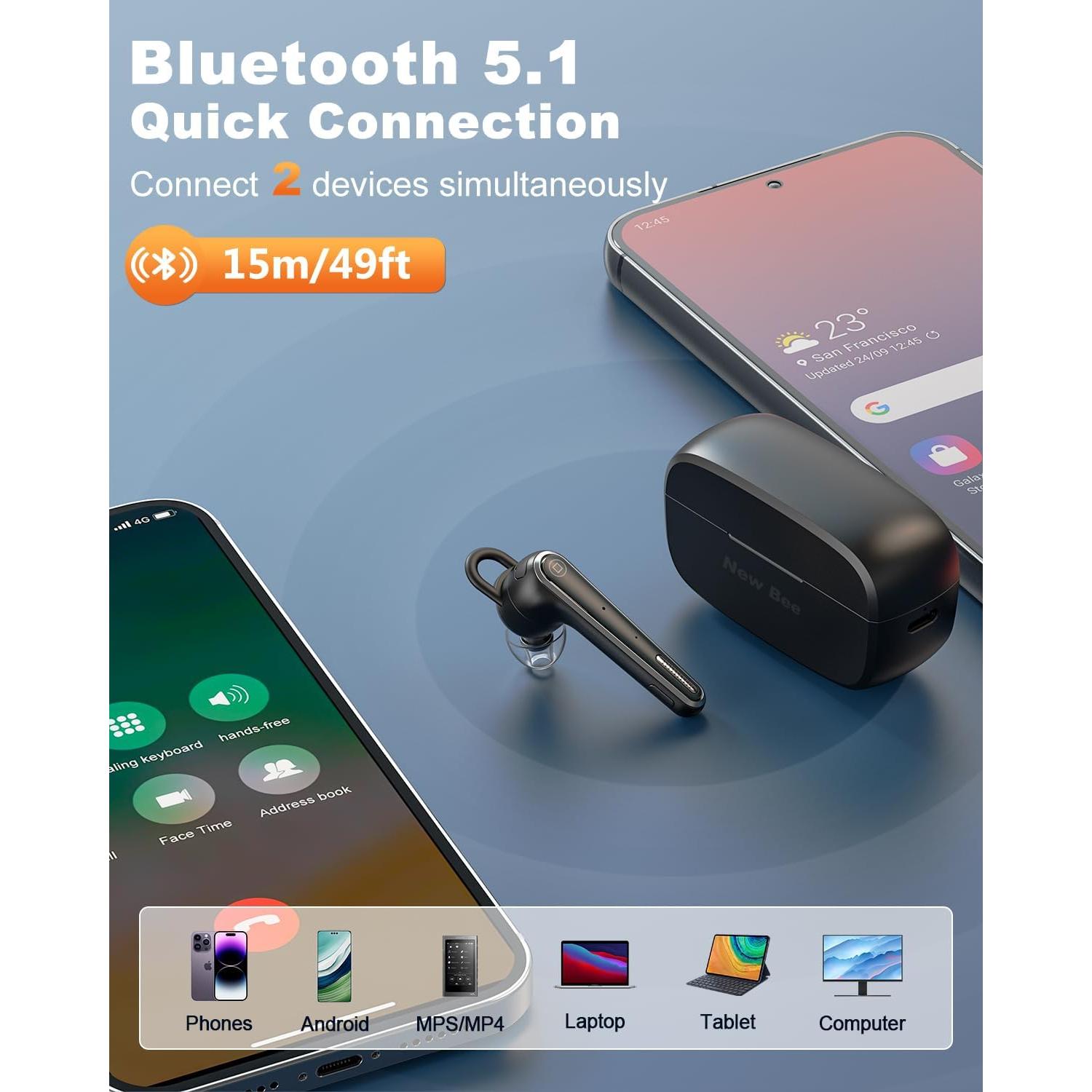 Auriculares Bluetooth 5.1 New Bee con Estuche 500mAh y 6 Puntas