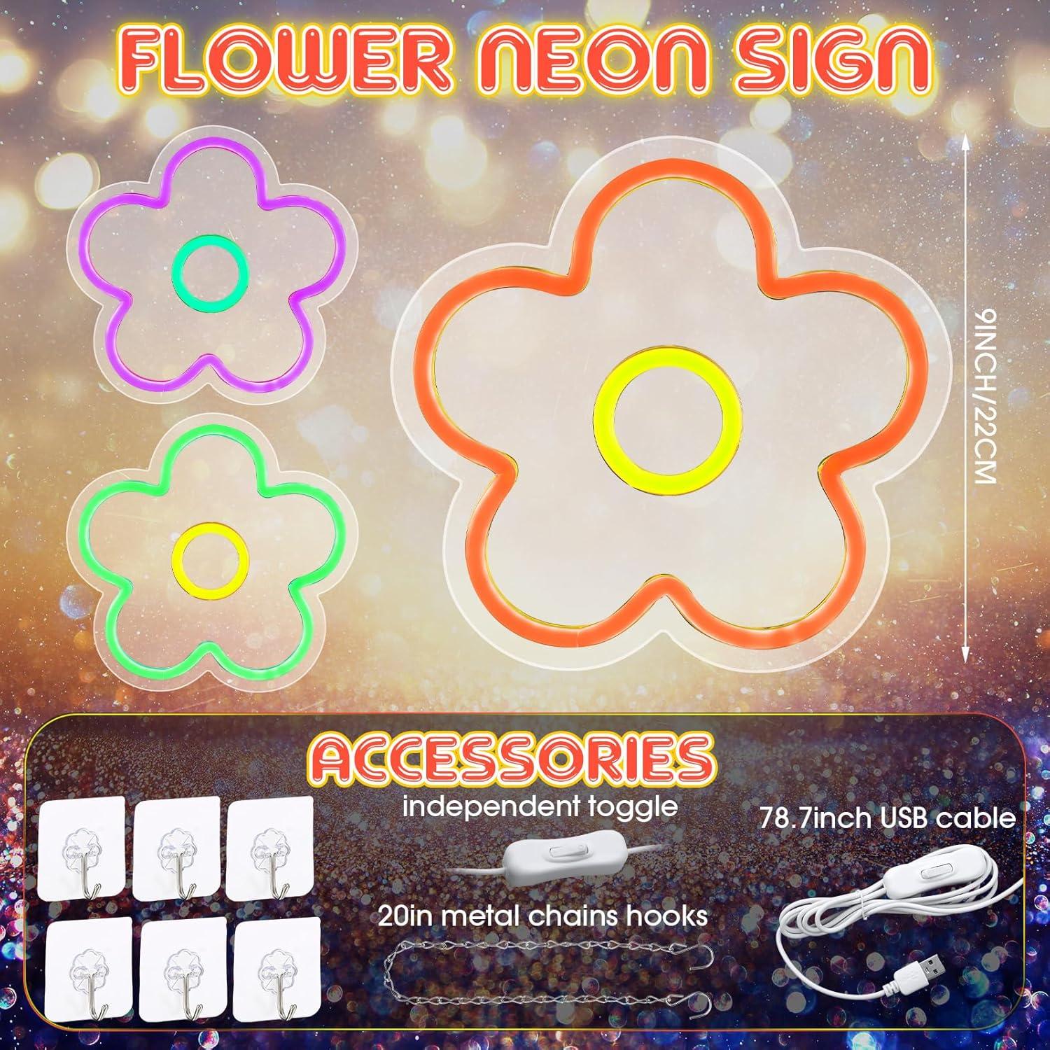 Letreros de Neón Floral LED Baquler 3 Pcs USB 22.86 cm