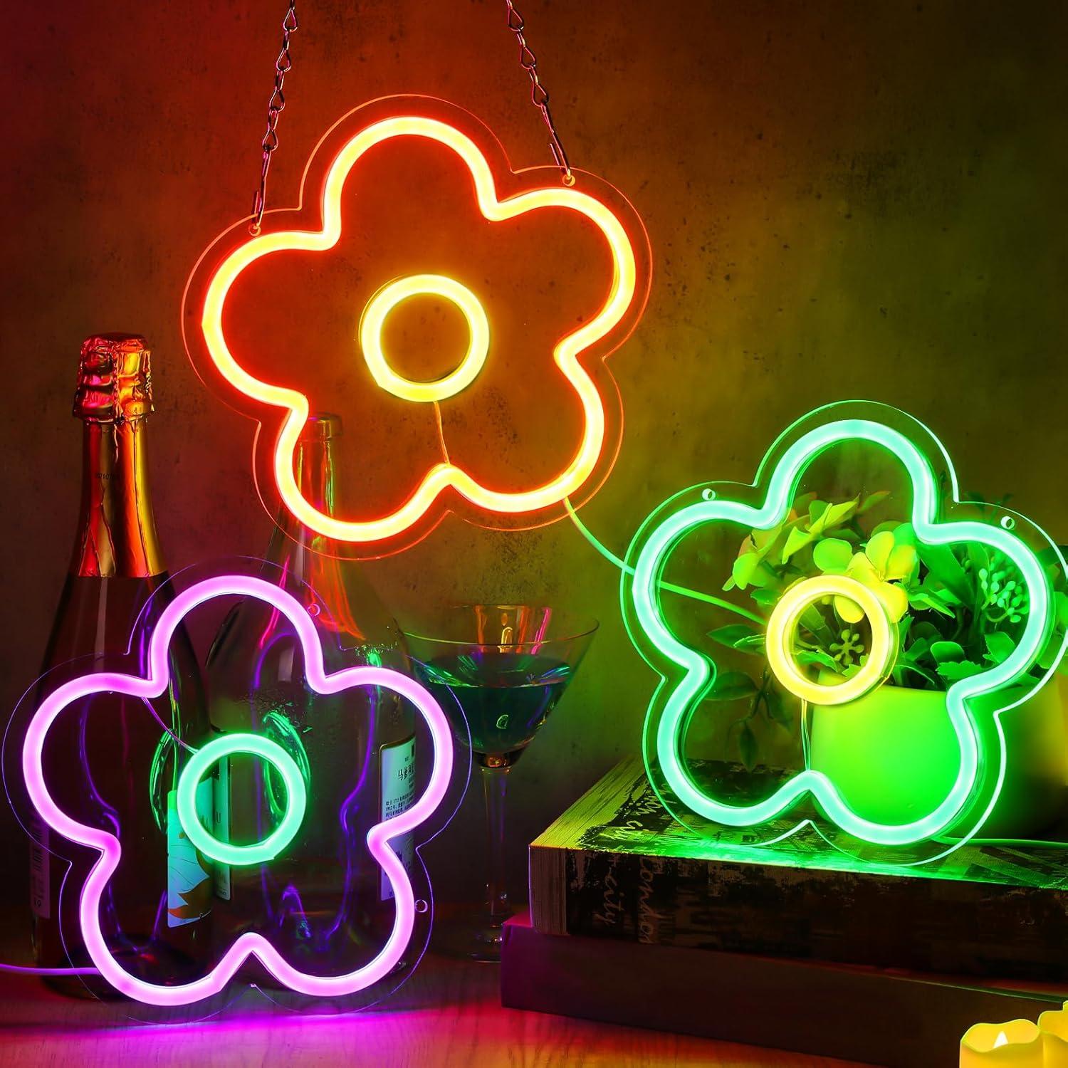 Letreros de Neón Floral LED Baquler 3 Pcs USB 22.86 cm