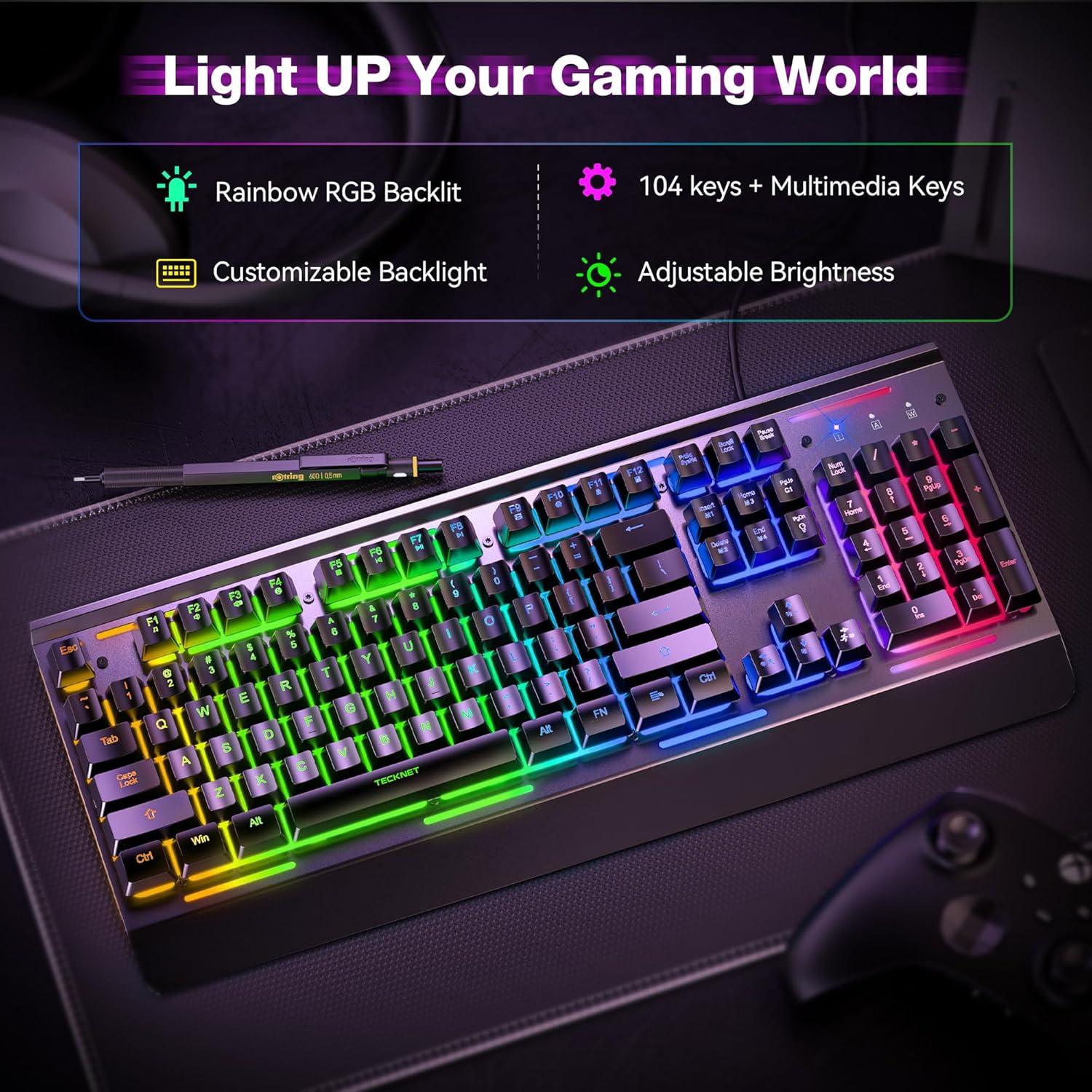 Teclado Gaming TECKNET USB Retroiluminado 7 Colores Silencioso
