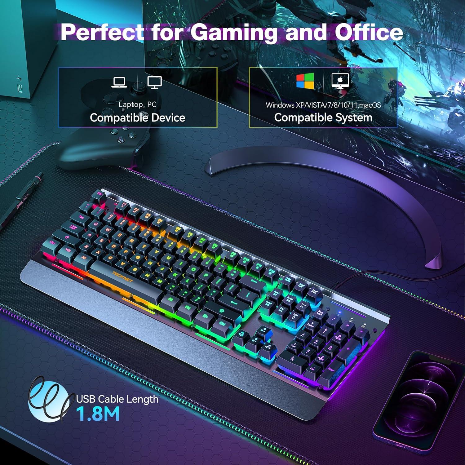Teclado Gaming TECKNET USB Retroiluminado 7 Colores Silencioso