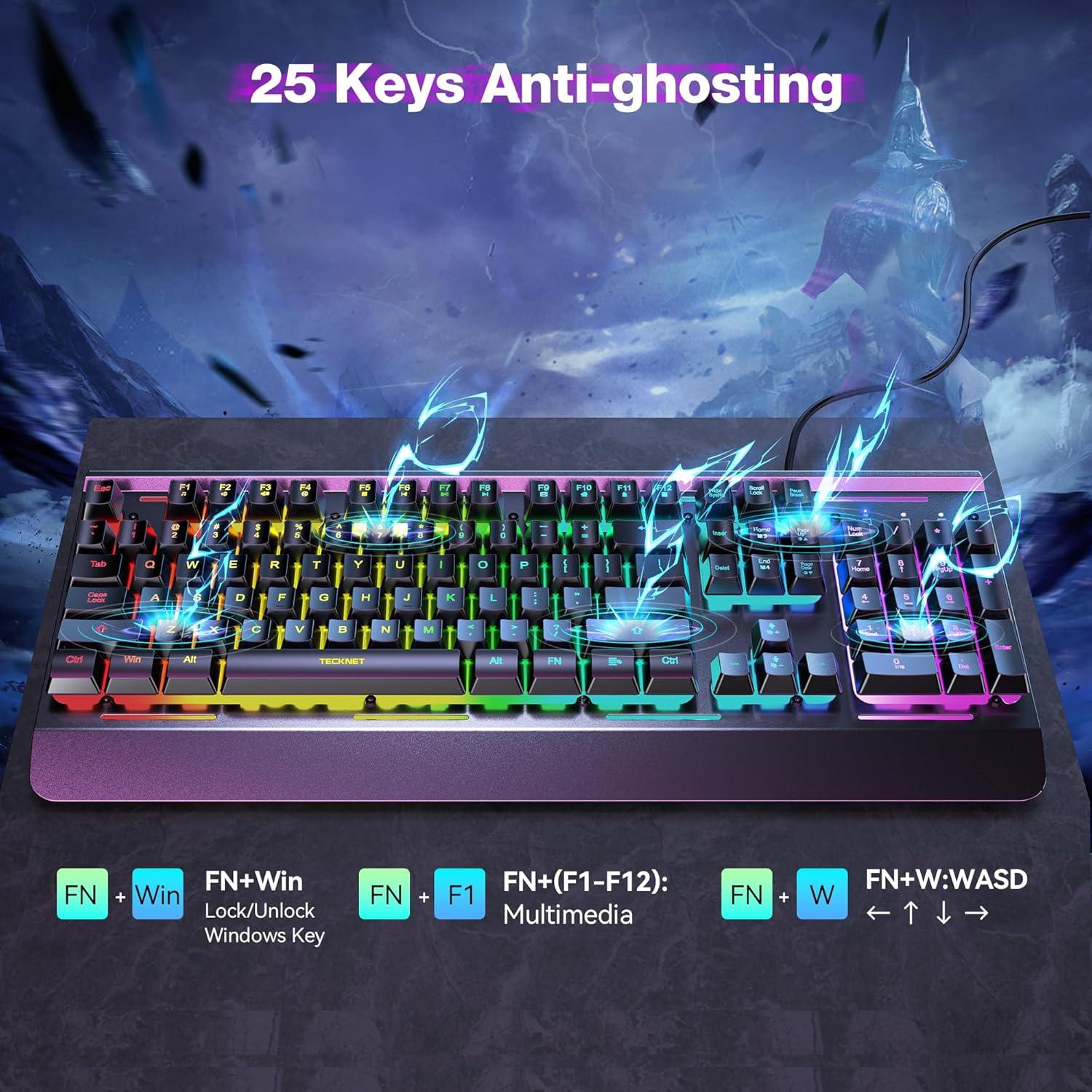 Teclado Gaming TECKNET USB Retroiluminado 7 Colores Silencioso