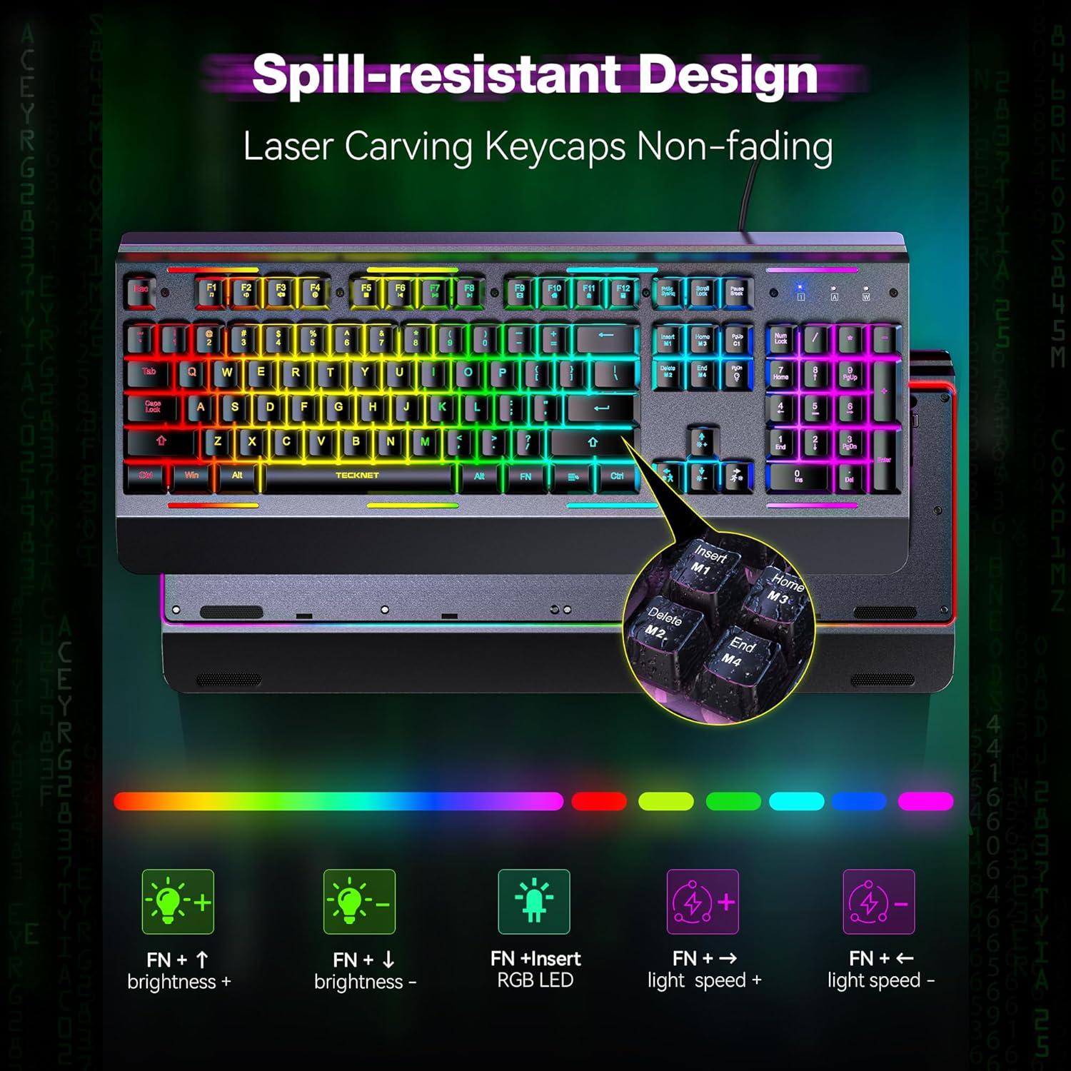 Teclado Gaming TECKNET USB Retroiluminado 7 Colores Silencioso