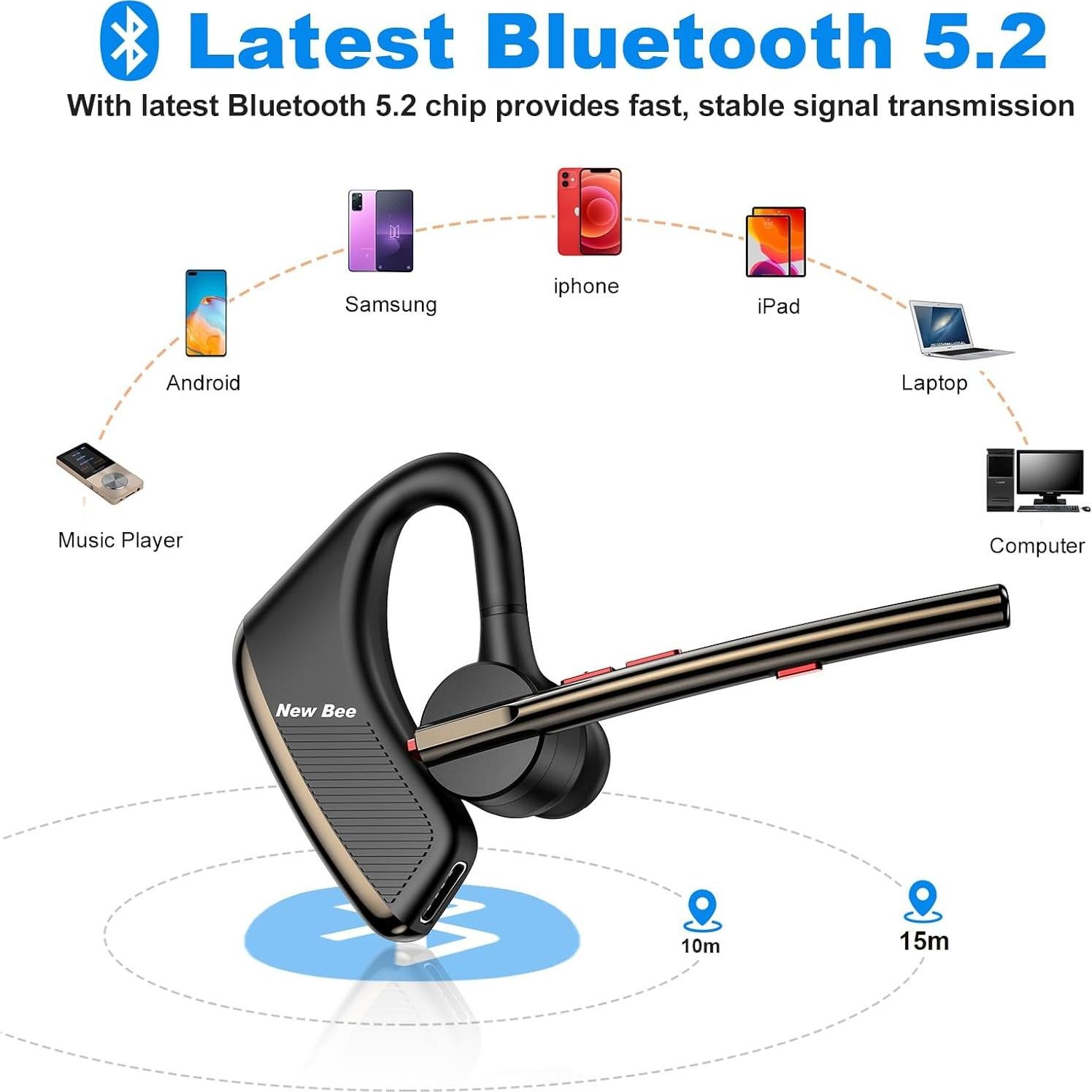 Auricular Bluetooth Inalámbrico Nuevo bee M50 24H CVC8.0 Negro