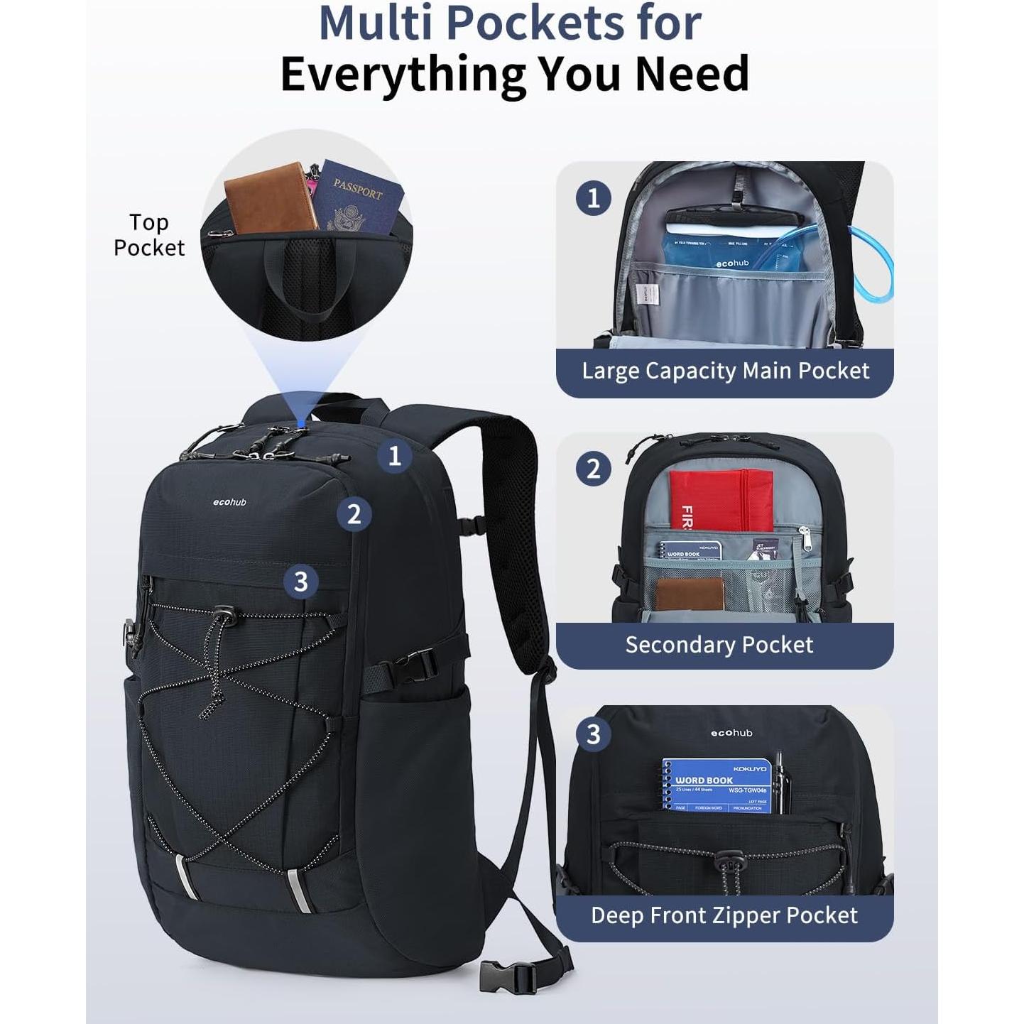 Mochila de Senderismo ECOHUB 30L Resistente al Agua Negra