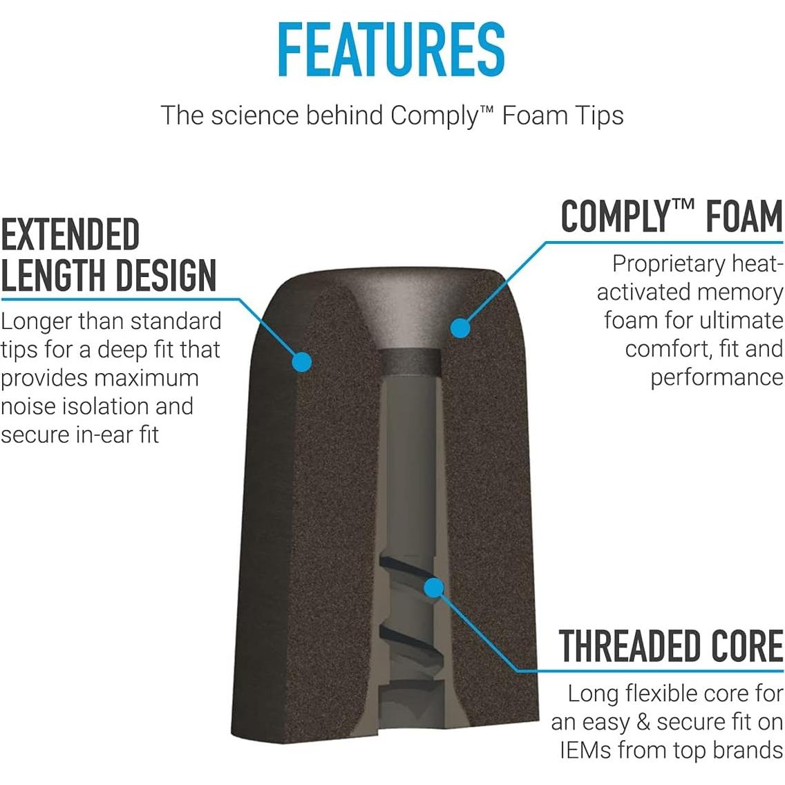 Puntas de espuma viscoelástica Comply para auriculares - Negro, Grande (3 pares)