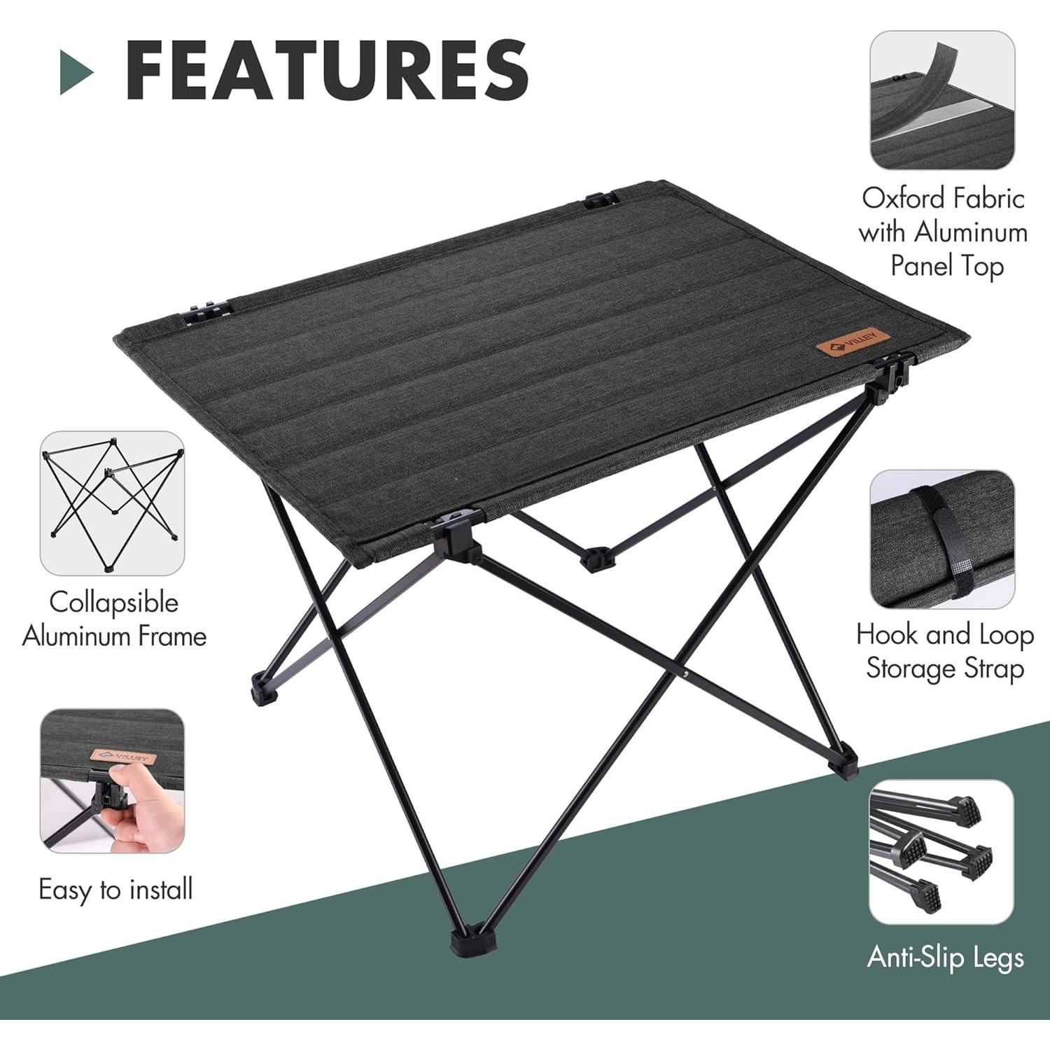 Mesa de Camping Plegable VILLEY VY133106 Negra 56 cm 1.25 kg