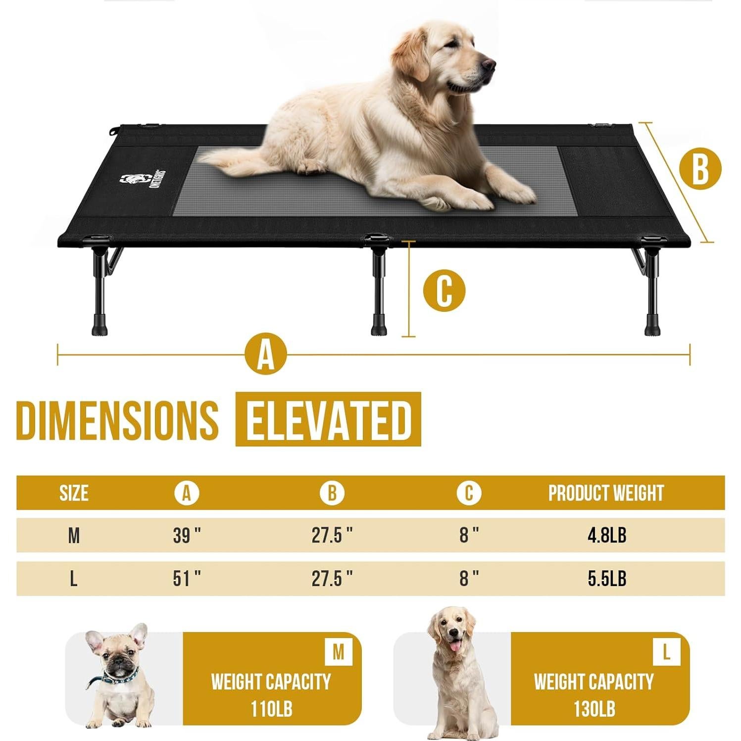 Cama Elevada para Perros OneTigris Mediana Negra, Antideslizante