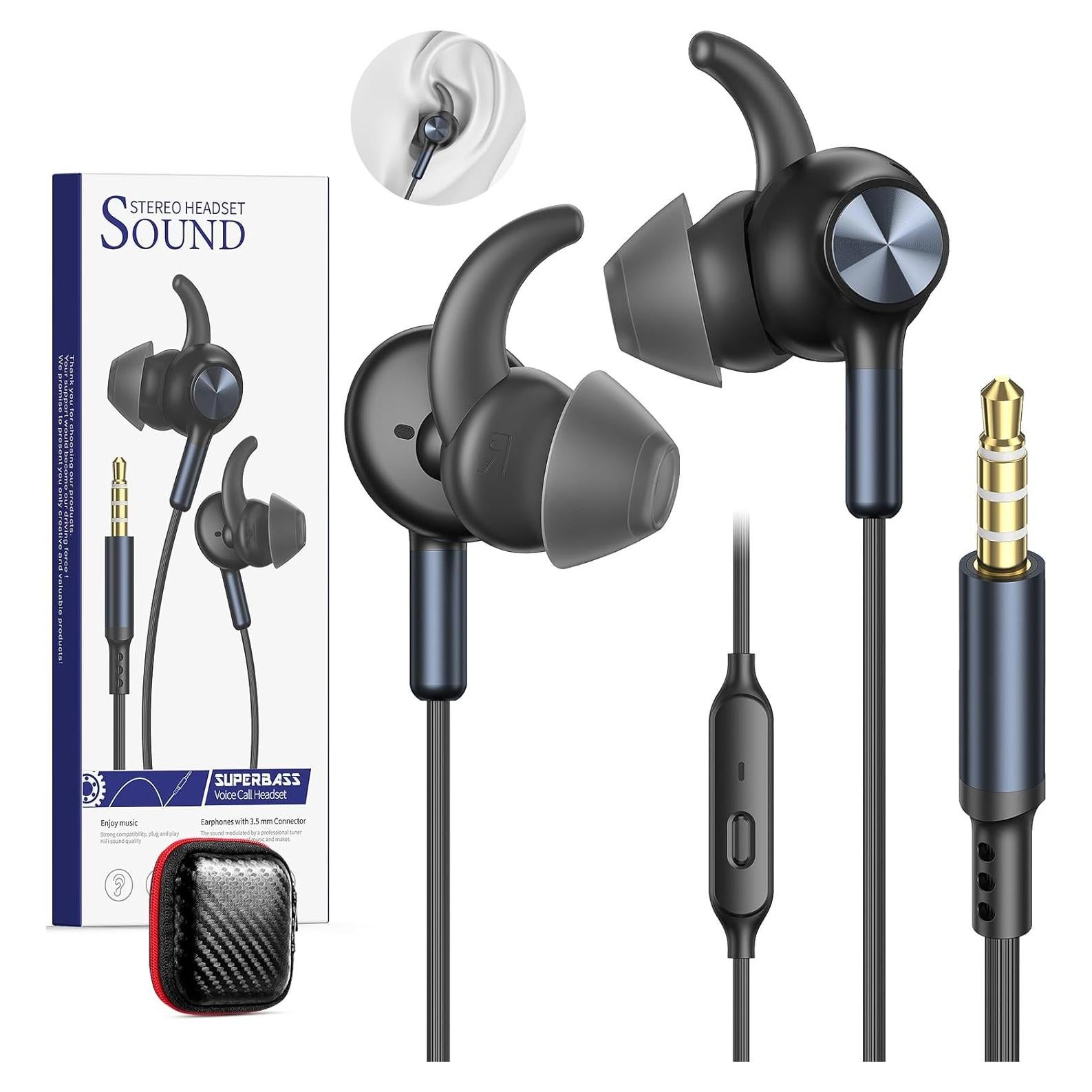 Auriculares con cable ASKUBSKU 3.5mm con micrófono, Negro