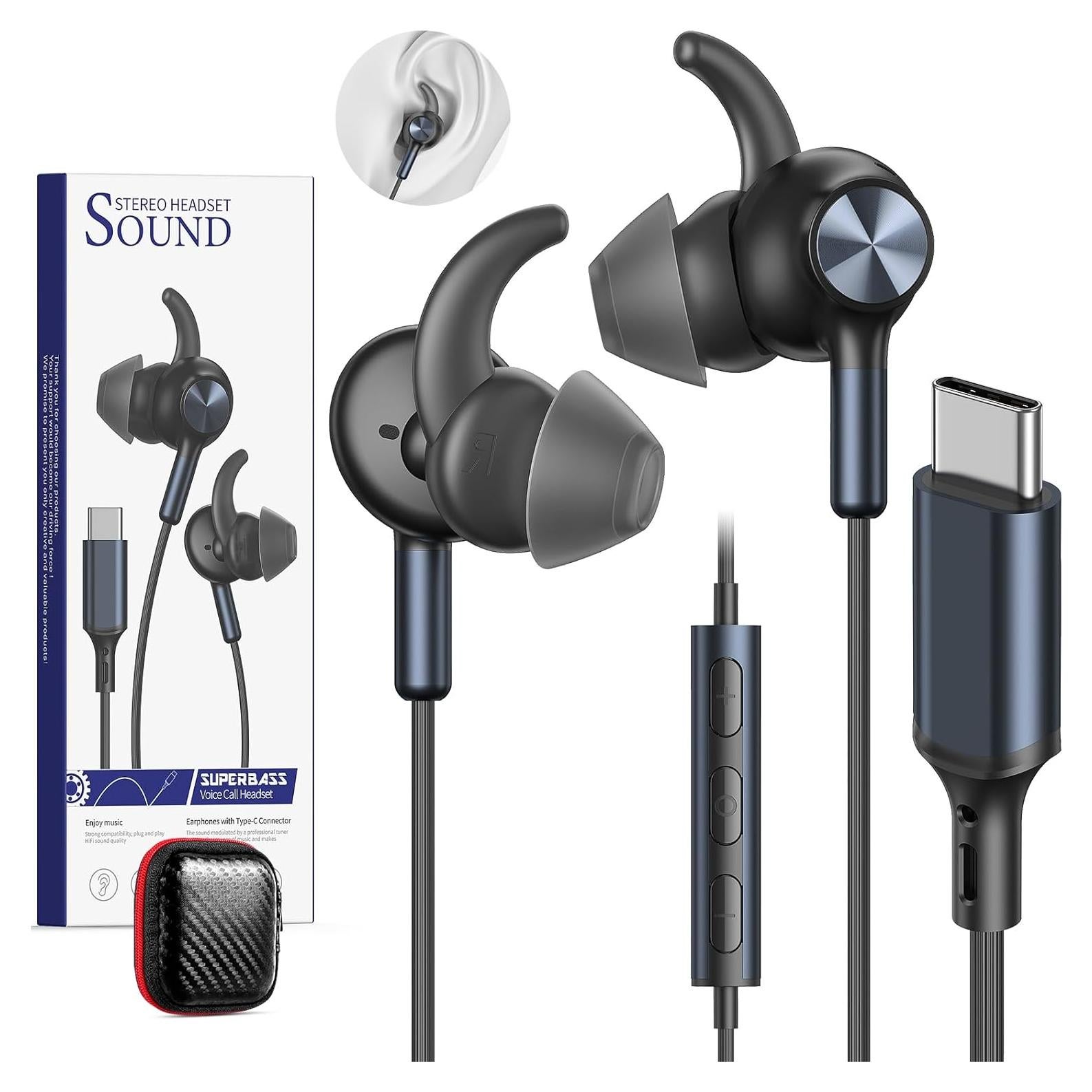 Auriculares USB C ASKUBSKU con micrófono, graves profundos, azul-negro