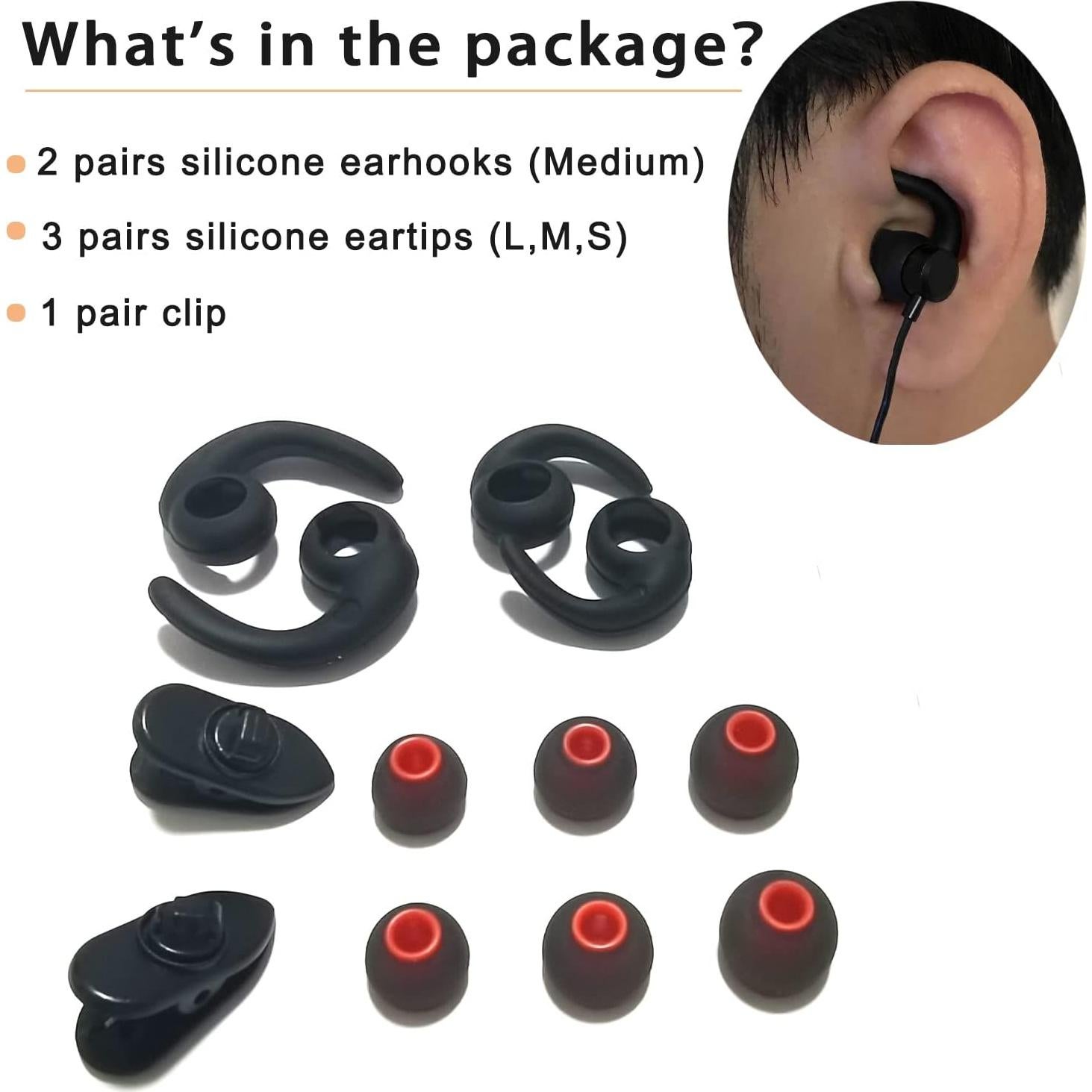 Universal Earhooks Ear Fins, Replacement Earbuds Tips, Silicone Tips - 3 Pairs Each, 2 Cord Clip