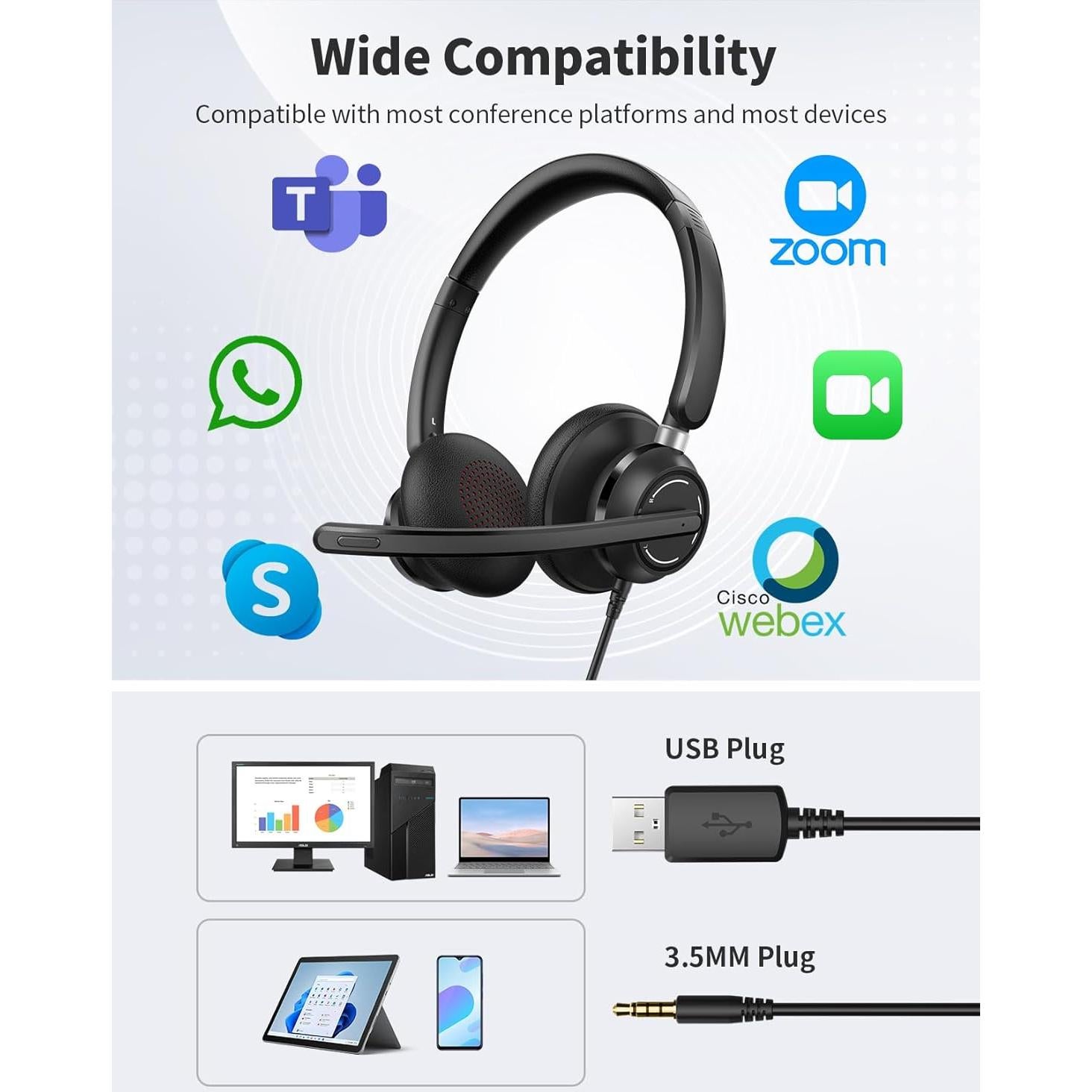 Auriculares USB JabNecter BH708AB con micrófono y cancelación de ruido